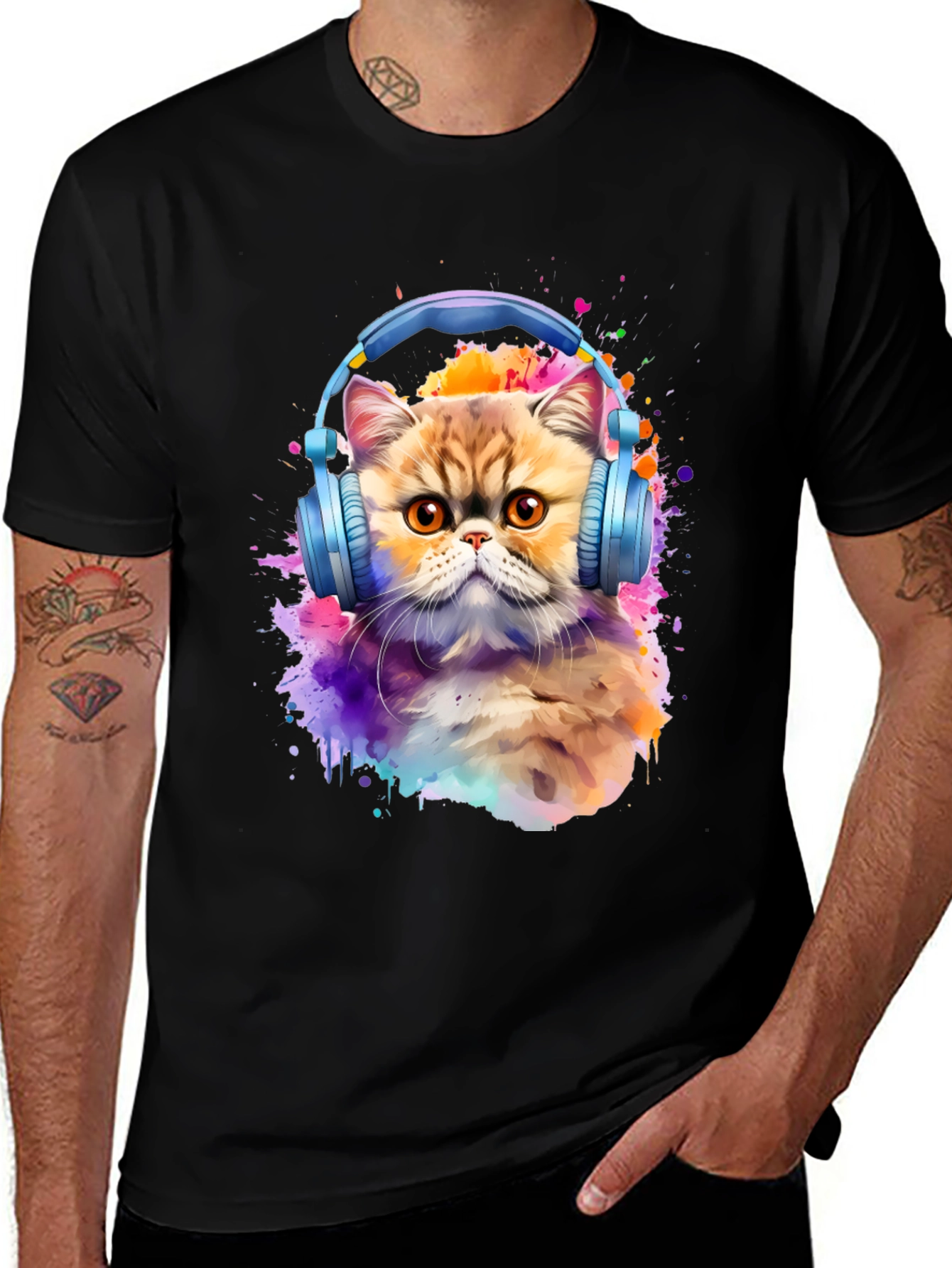 Variant 30 of Cat with Headphones T-Shirt - Artistic Animal Tee