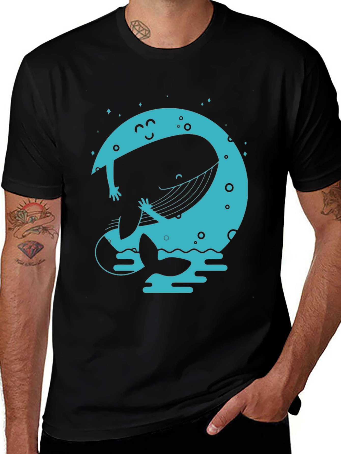 Moon Whale Graphic Tee - Black Cotton Blend