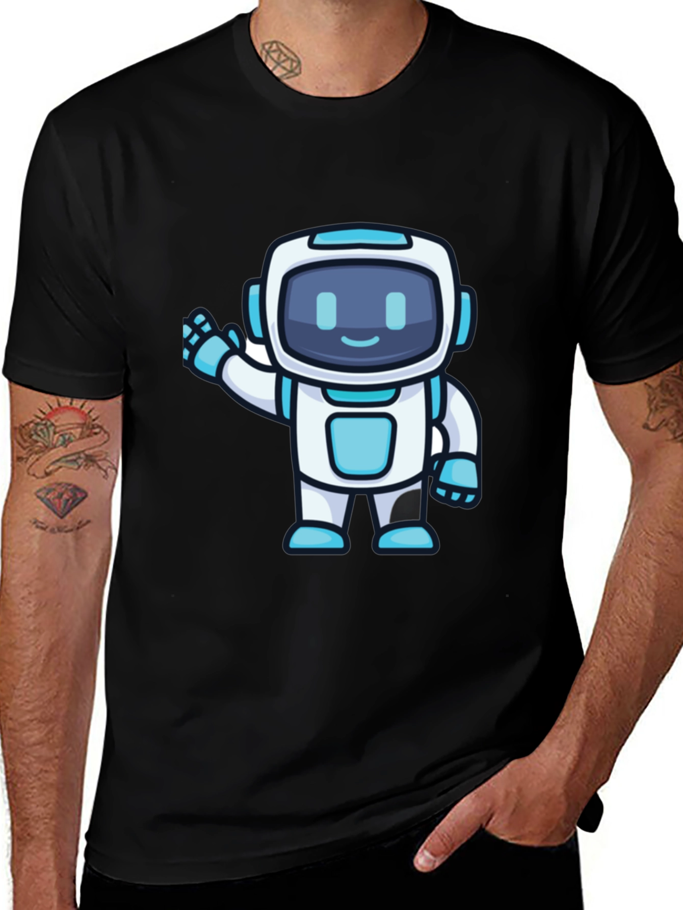 Black Cute Robot Graphic T-Shirt - Black Crew Neck main image