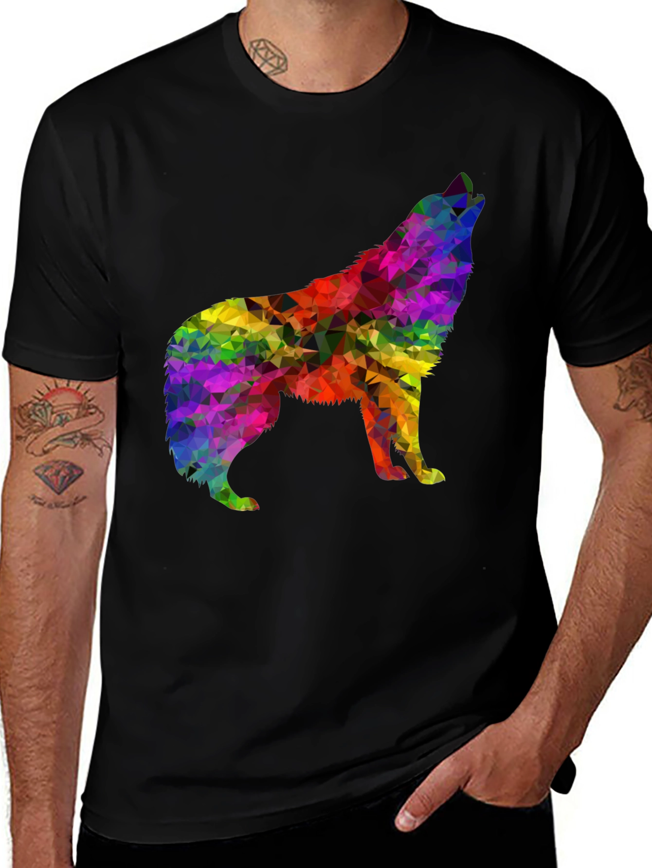 Variant 5 of Rainbow Geometric Wolf Graphic Black T-Shirt
