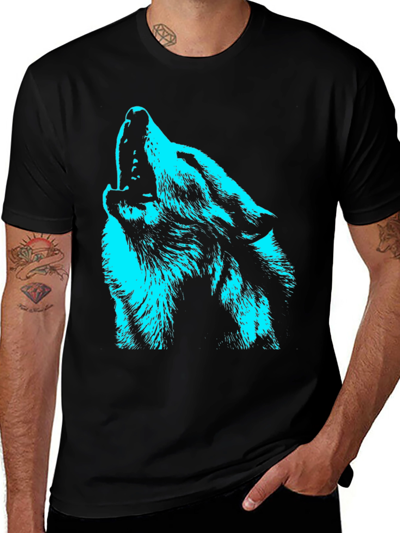Variant 28 of Cyan Wolf Graphic Black T-Shirt