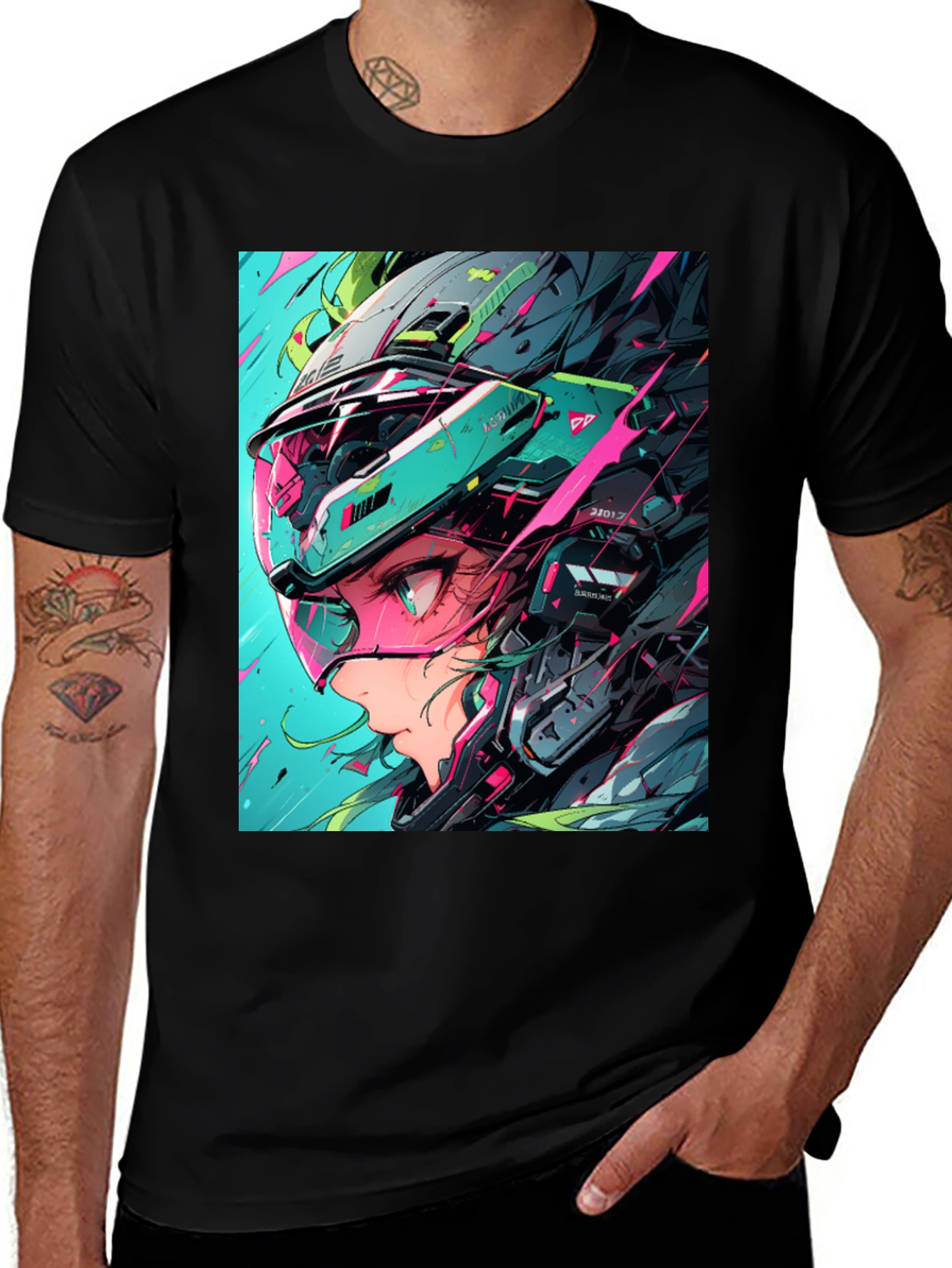 Black Cyberpunk Girl Helmet Graphic Tee main image