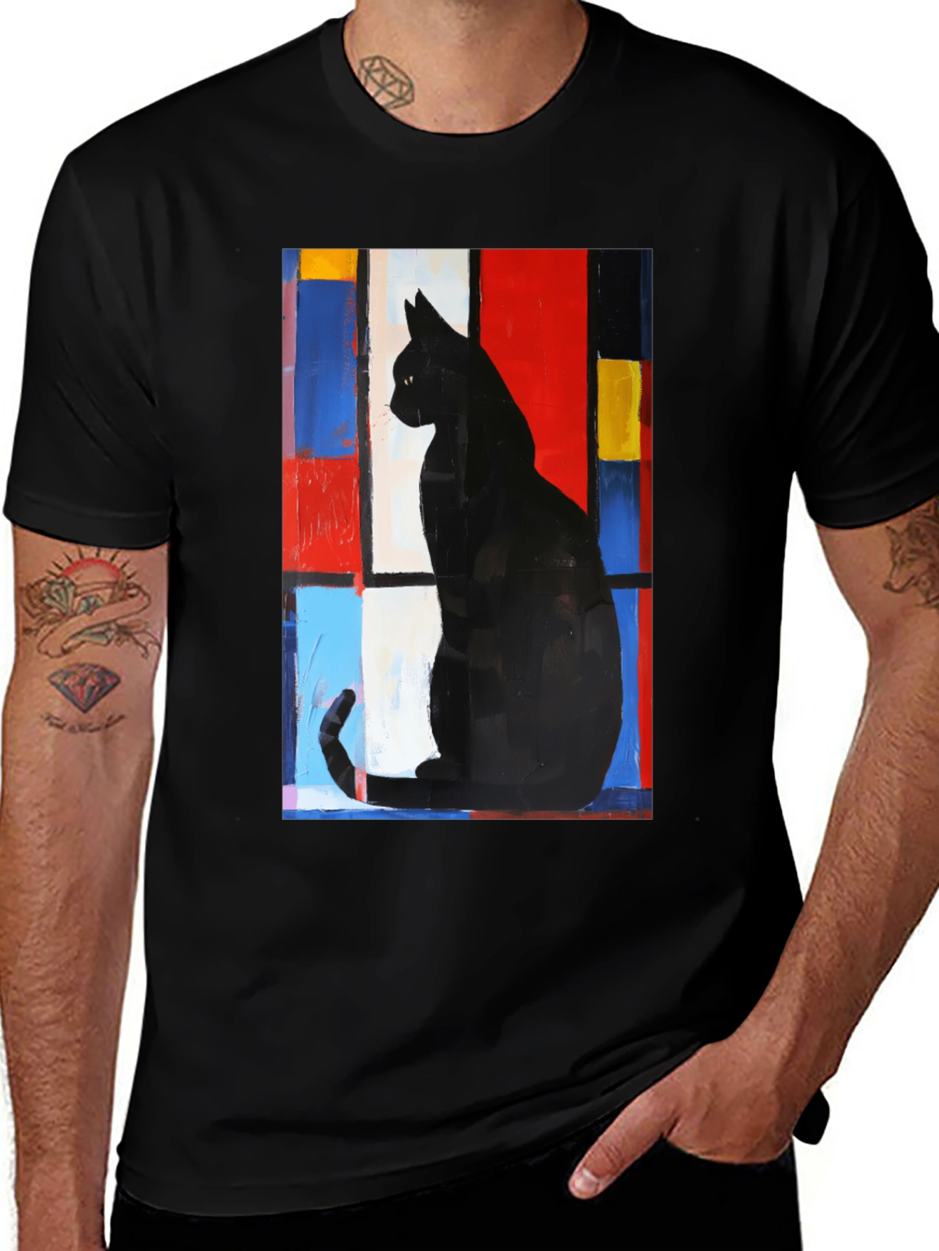 Variant 28 of Abstract Cat Graphic Tee - Modern Art Black Cat T-Shirt