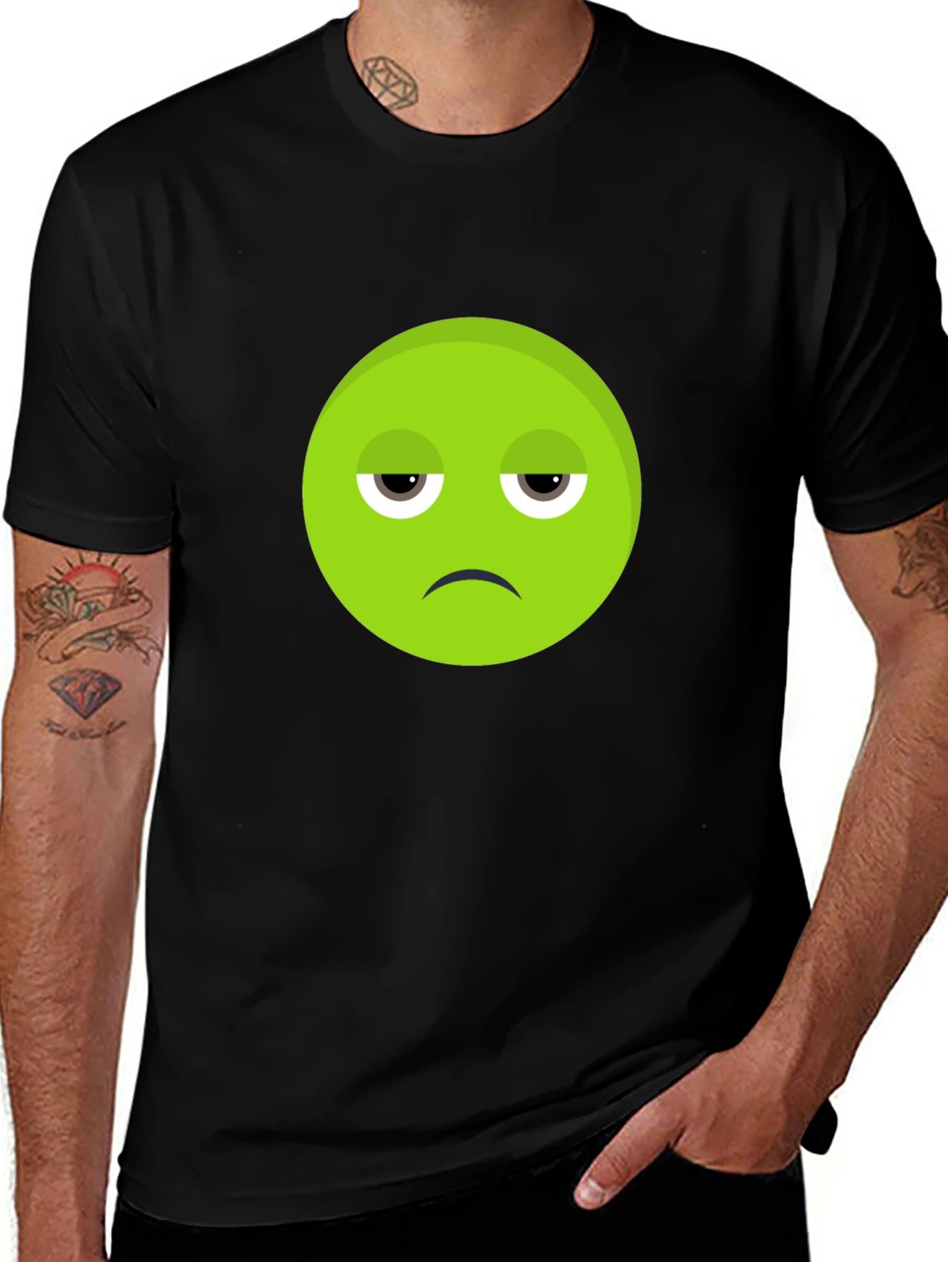 Variant 21 of Expressive Emoji Tee - Black T-Shirt with Green Bored Face