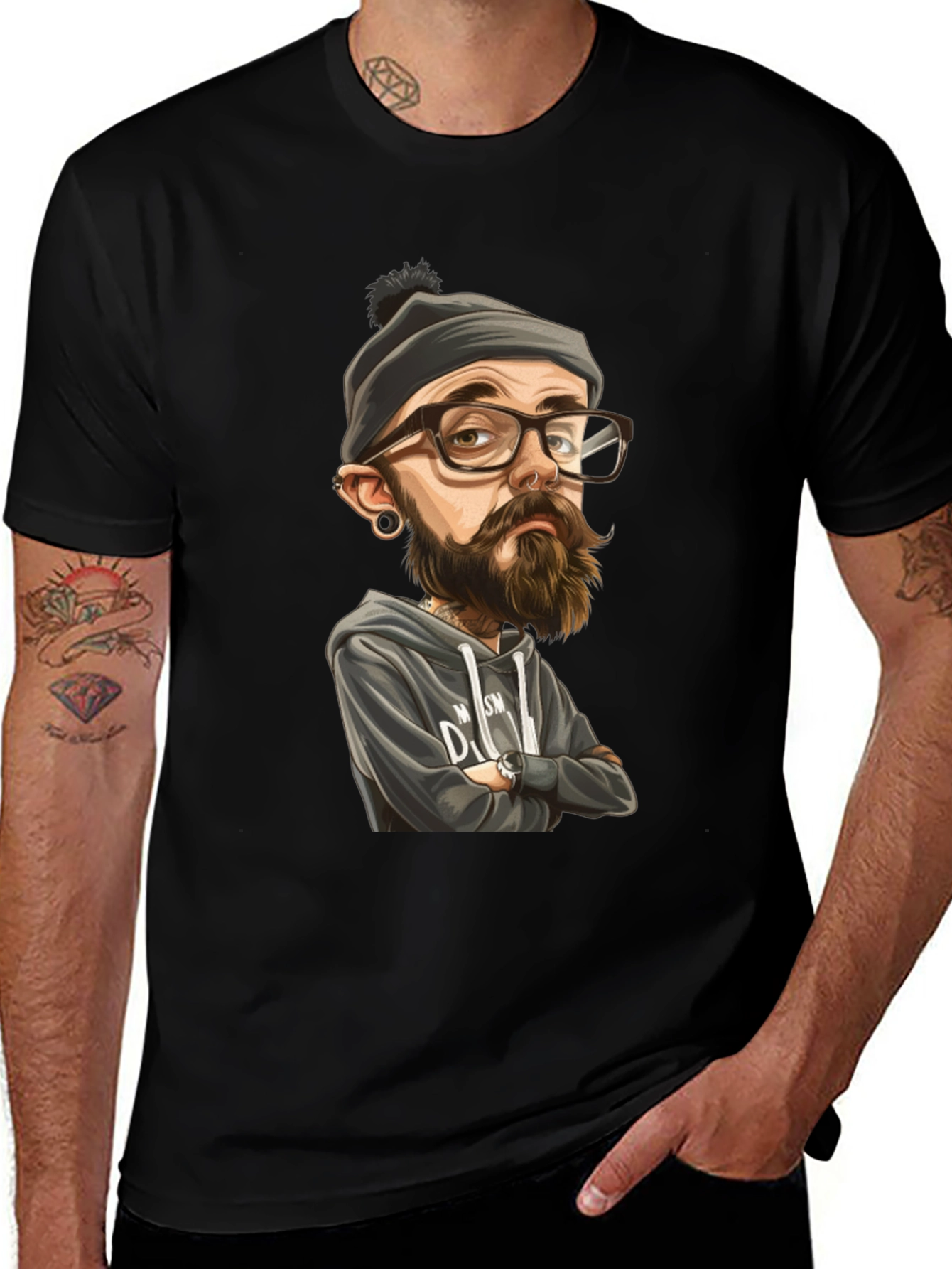 Variant 4 of Bearded Character Graphic Tee - Black