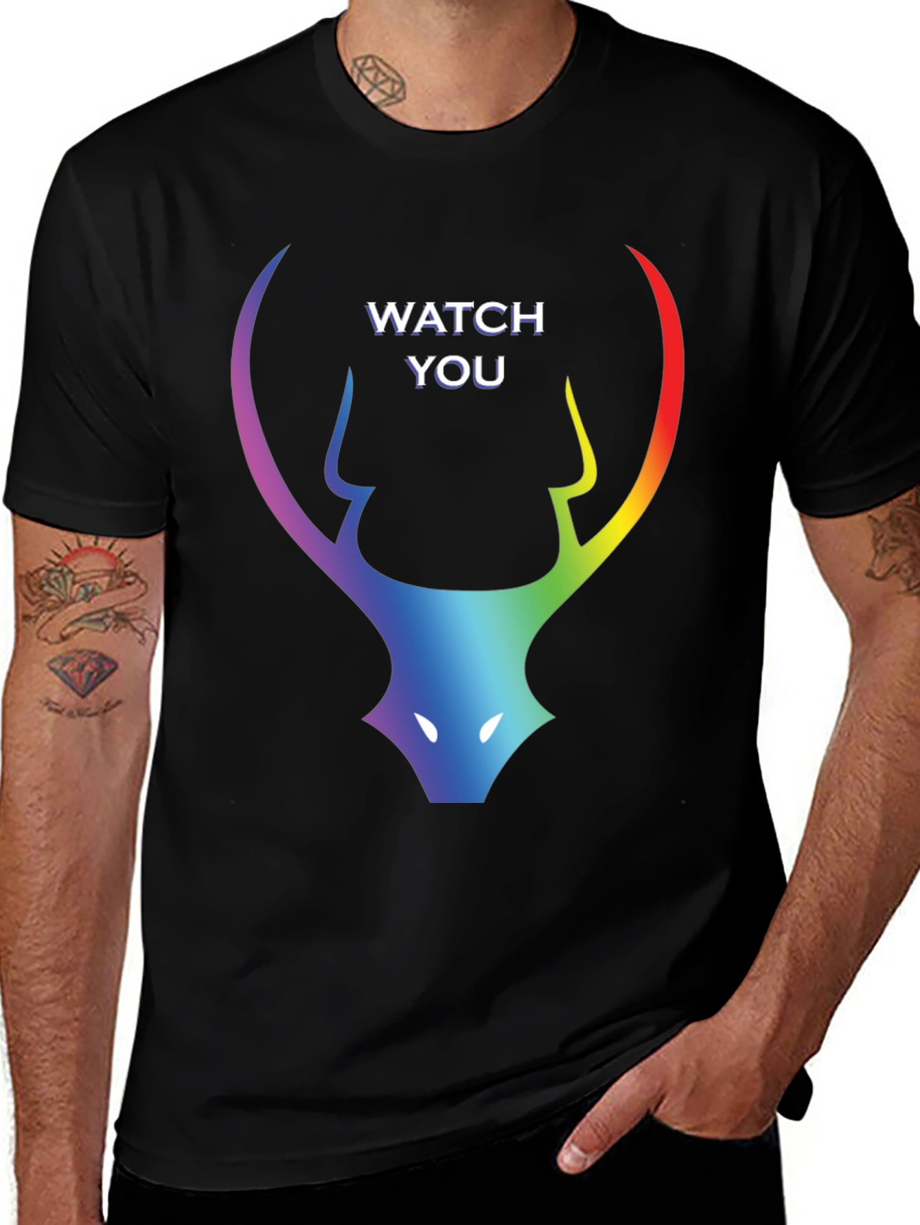 Variant 13 of Rainbow Deer Head "Watch You" Black T-Shirt