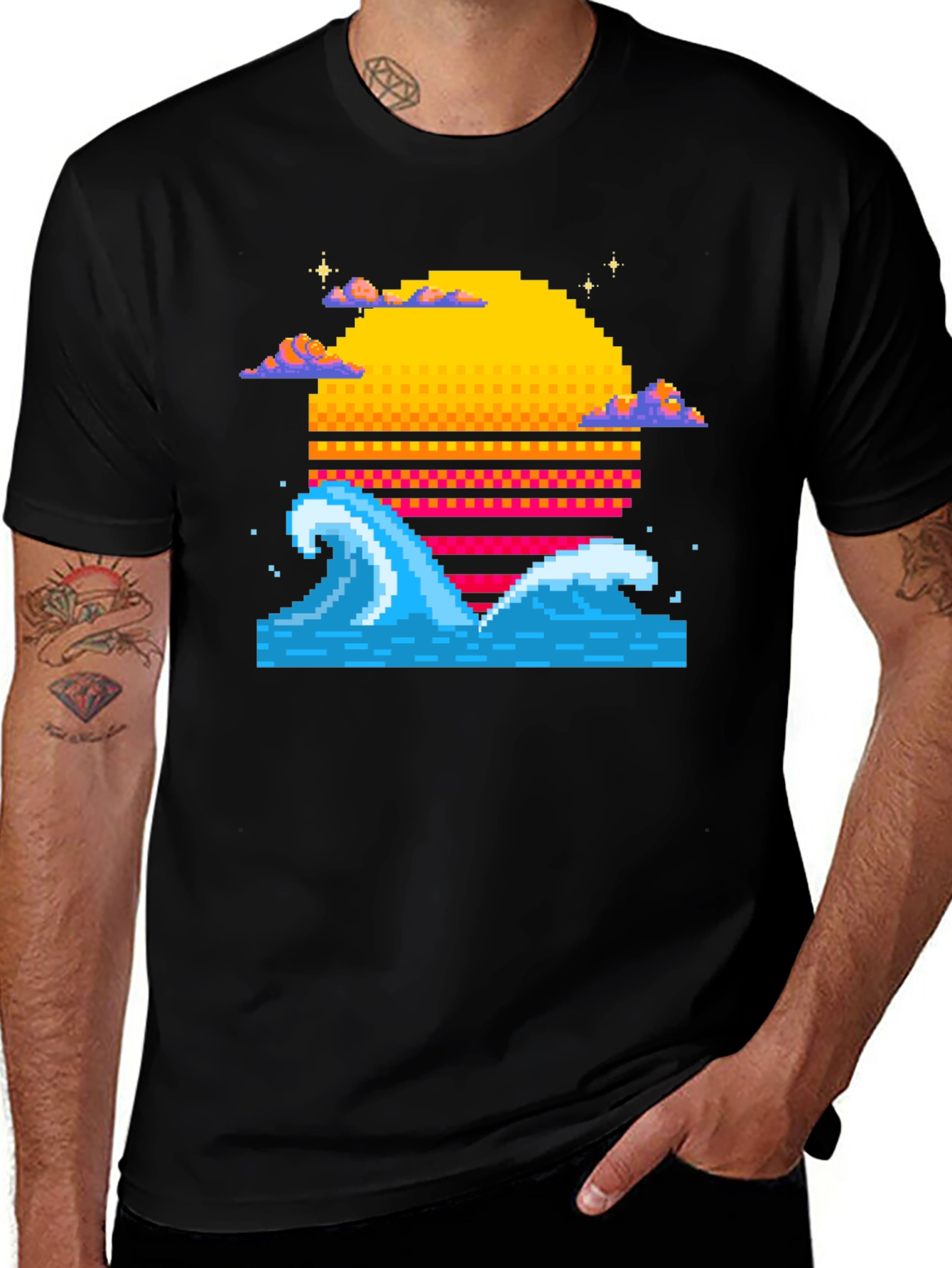 Variant 15 of Pixel Wave Sunset Black T-Shirt