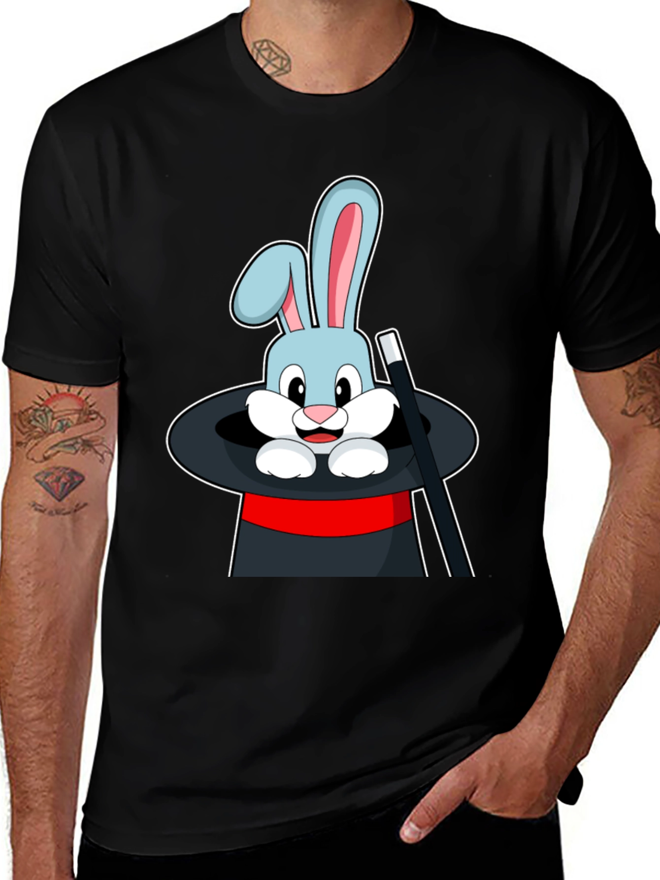 Rabbit in Hat Graphic T-Shirt - Black Cotton Tee