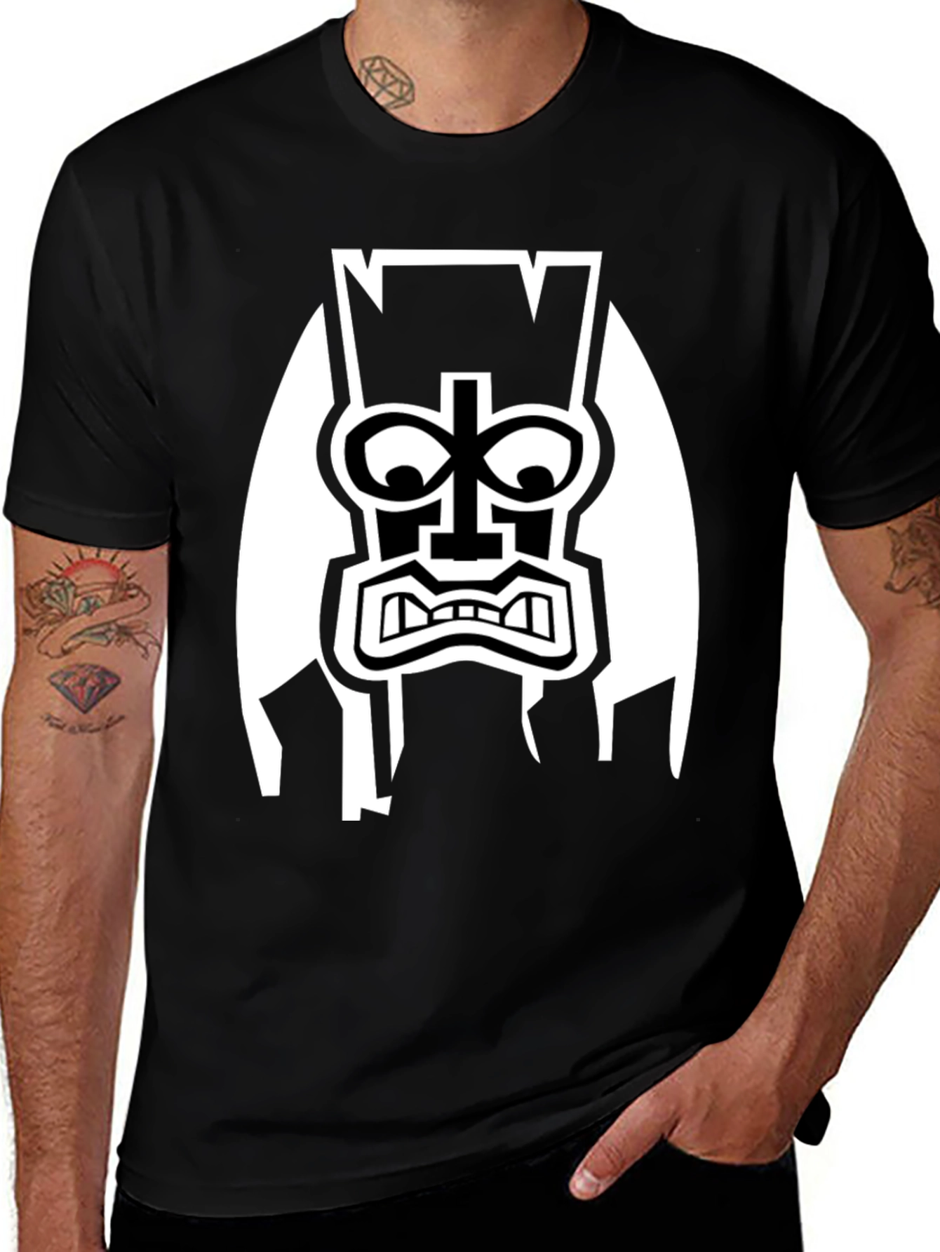Variant 24 of Black T-Shirt with White Tribal Mask Graphic