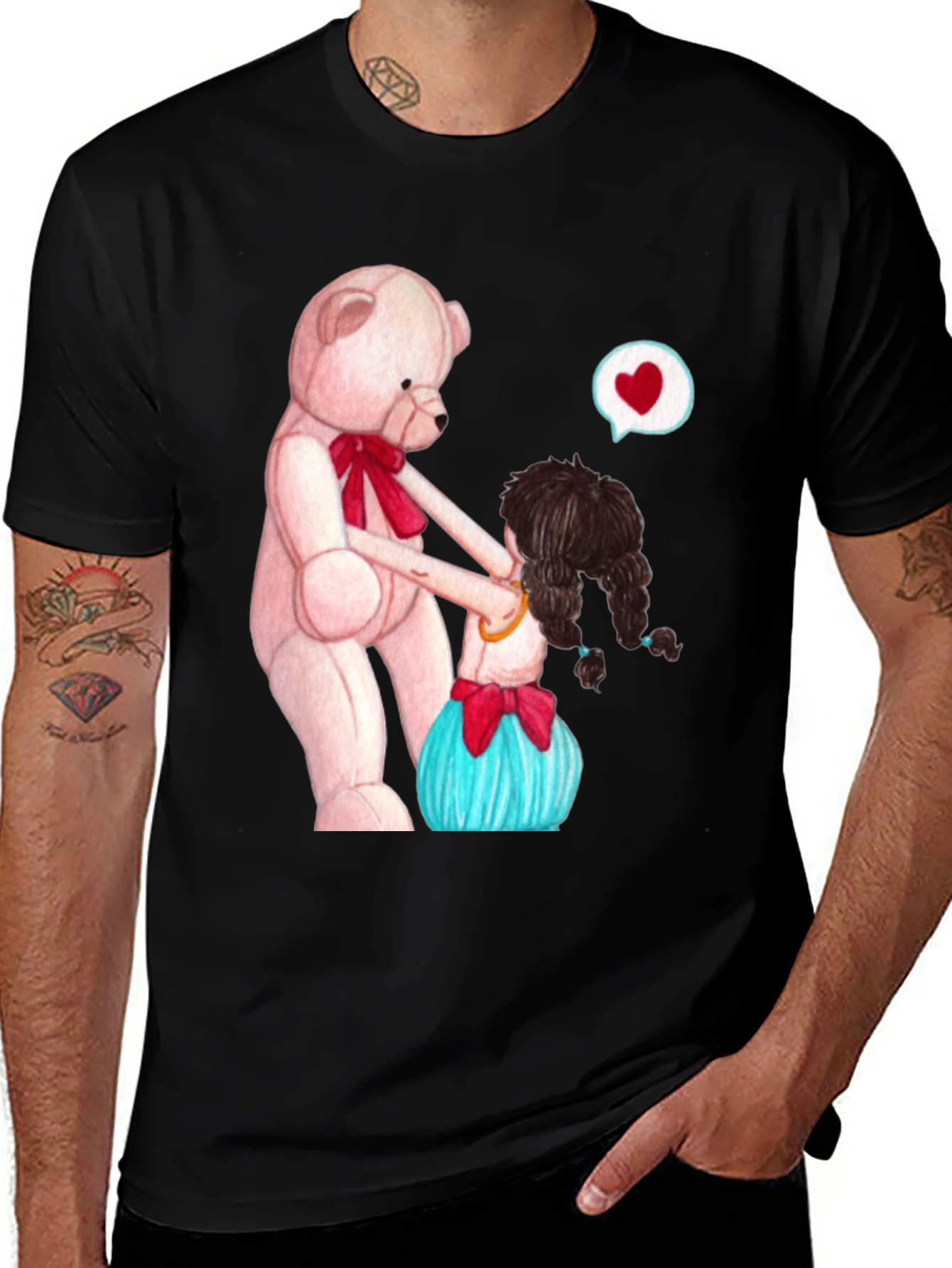Variant 21 of Cute Teddy Bear & Girl Black Graphic Tee