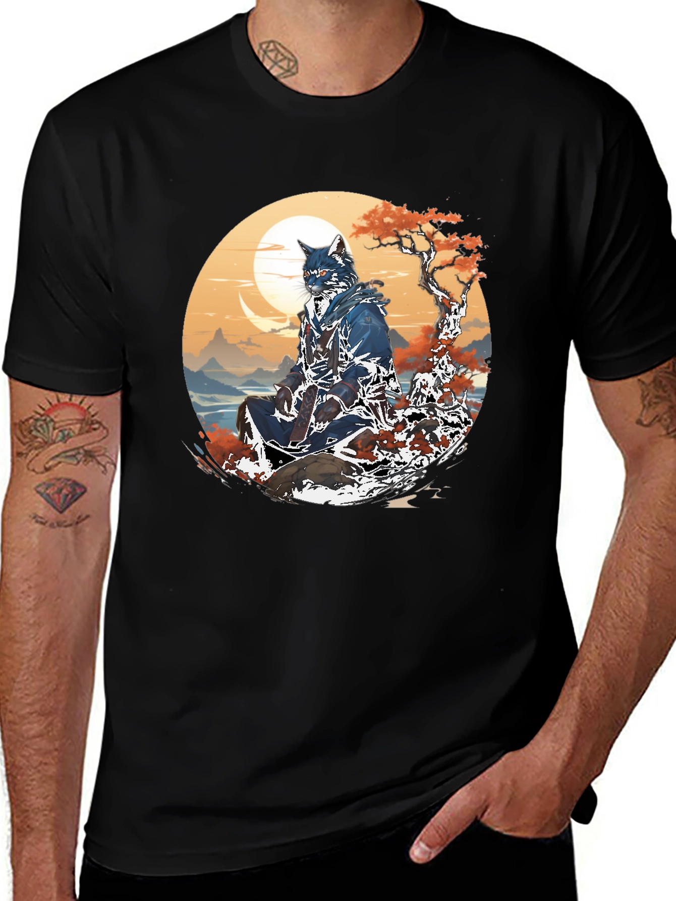 Variant 19 of Samurai Cat Graphic Tee - Artistic Design