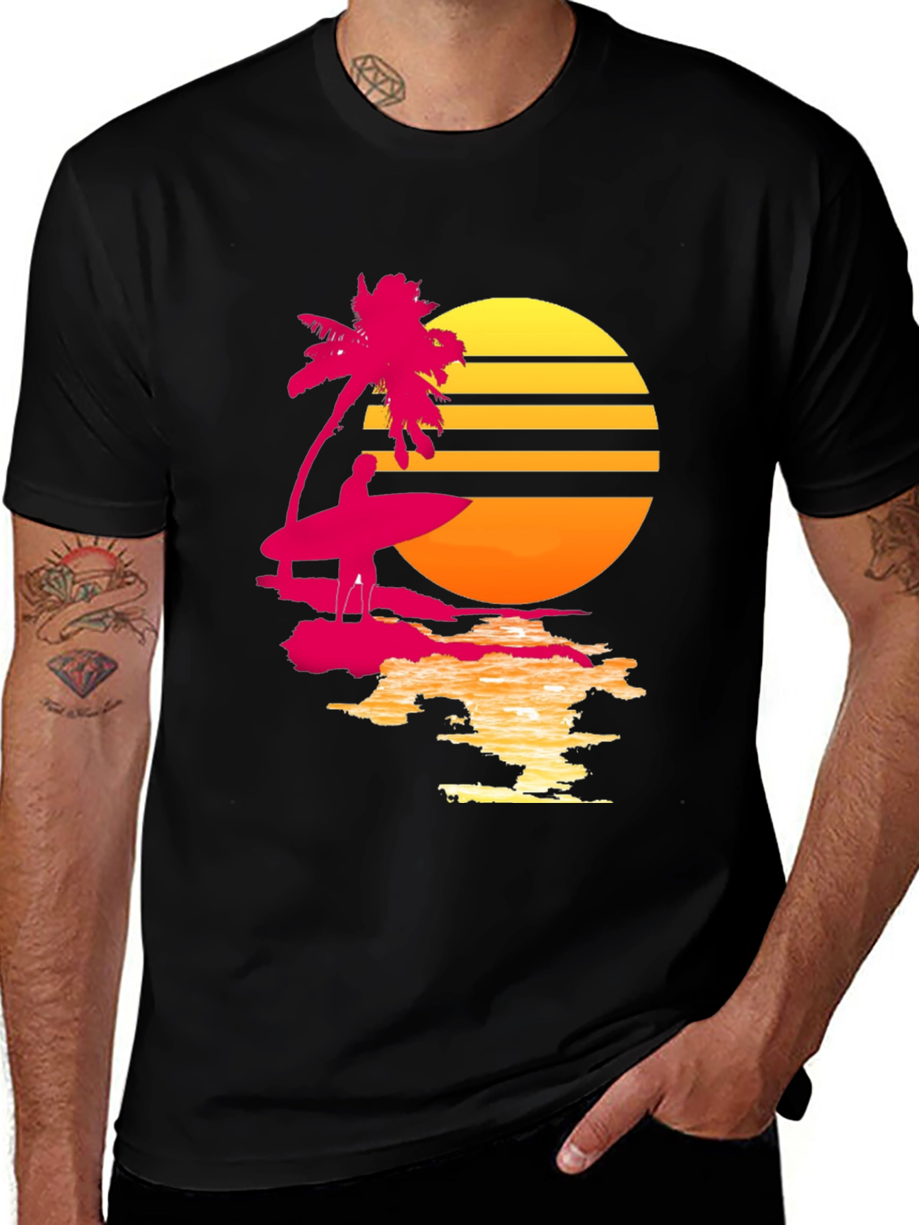 Variant 23 of Retro Sunset Beach T-Shirt - Surfer & Palm Tree