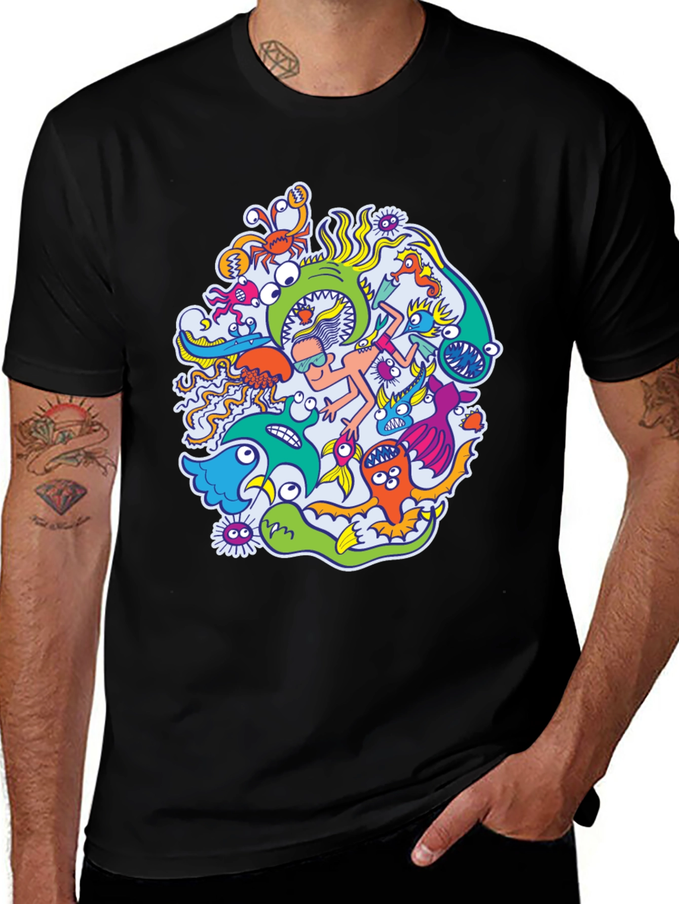 Variant 16 of Men's Black T-Shirt with Colorful Monster Graphic