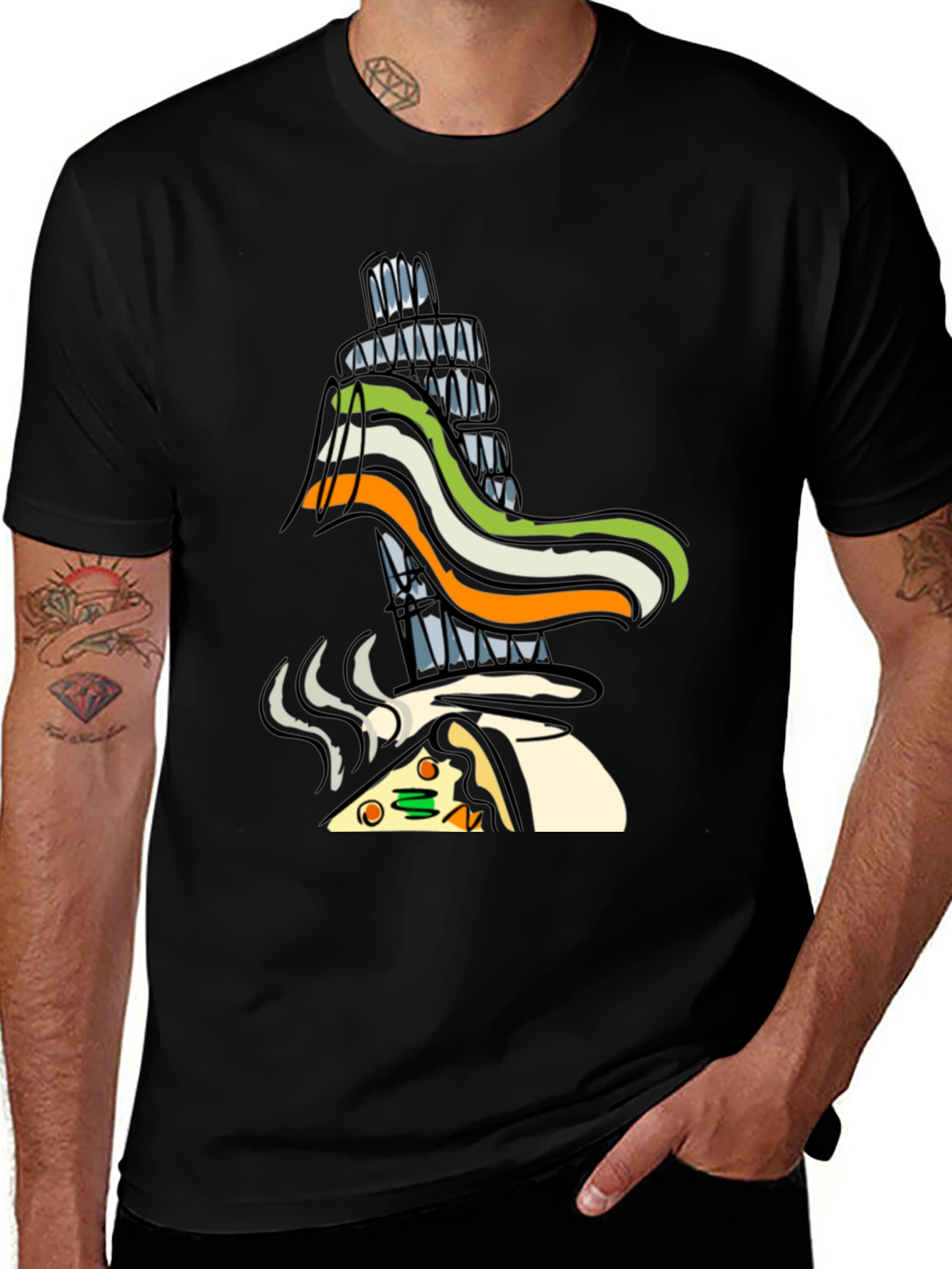 Black Whimsical Pizza & Tower Graphic T-Shirt - Black main image