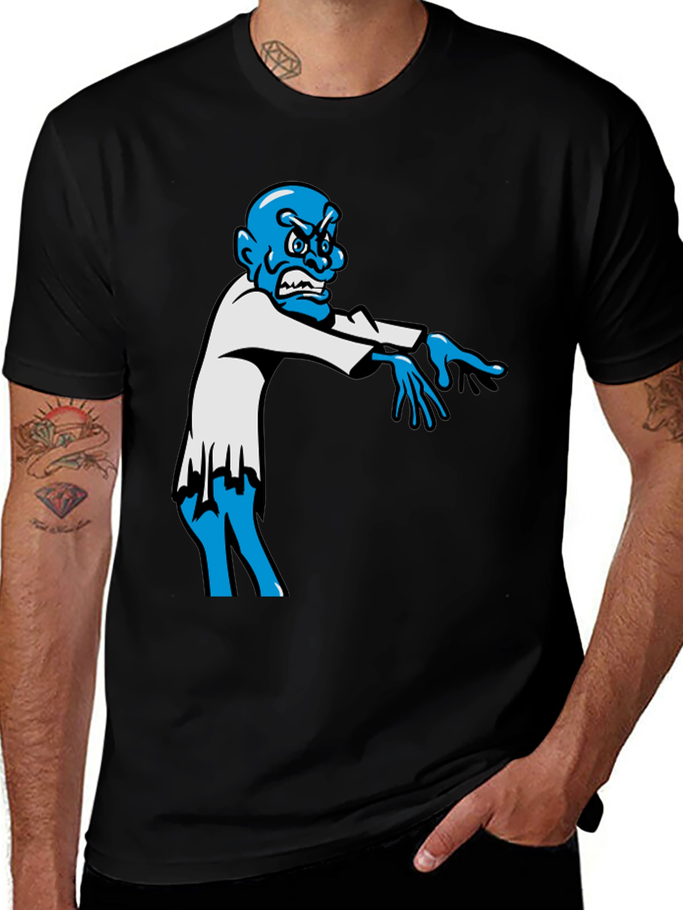 Variant 21 of Zombie Graphic T-Shirt - Blue Character on Black Tee