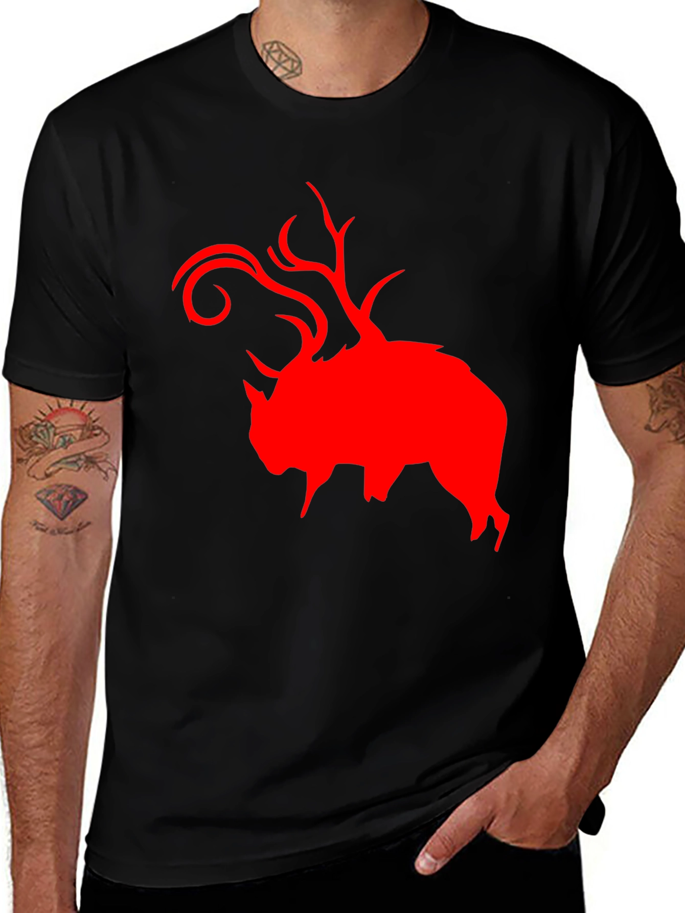 Red Buffalo Deer Head Graphic Black T-Shirt
