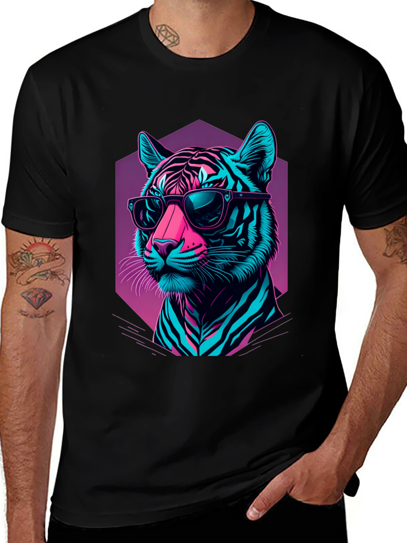 Variant 11 of Neon Tiger Graphic Tee - Cool Striped Design