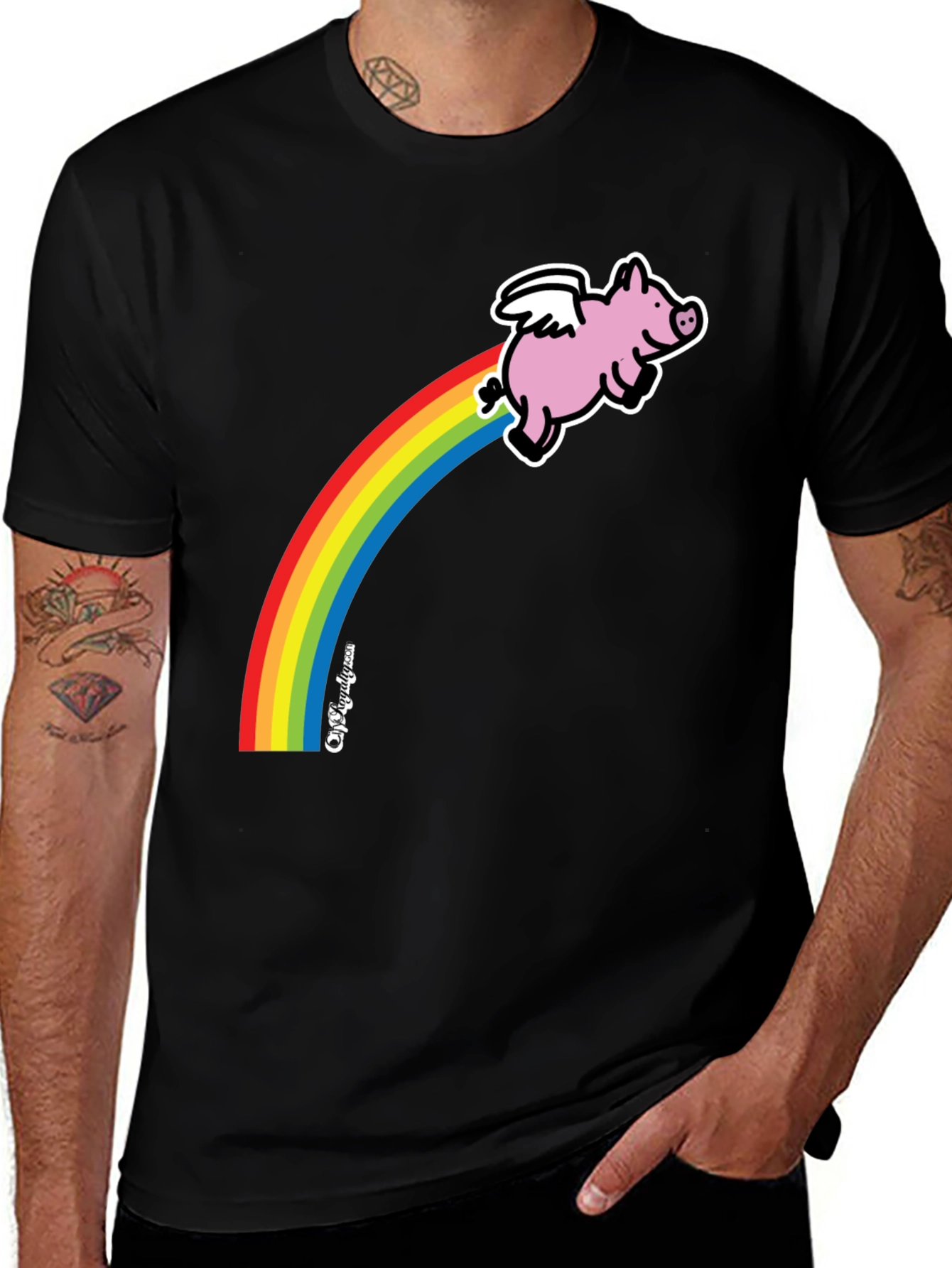 Variant 21 of Flying Pig Rainbow T-Shirt - Black Cotton Tee