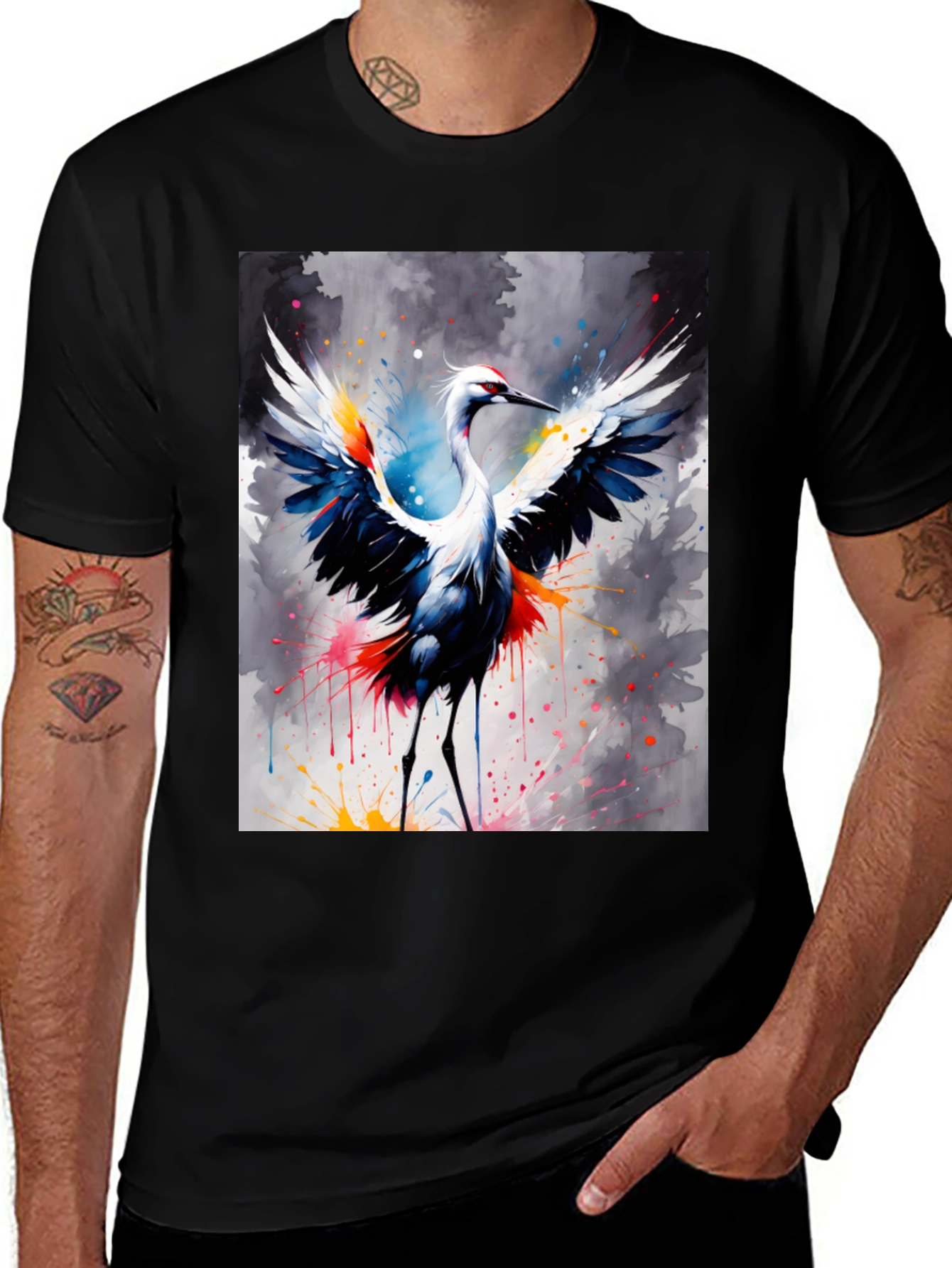Variant 26 of Crane Art Graphic T-Shirt - Bold & Colorful Bird Design