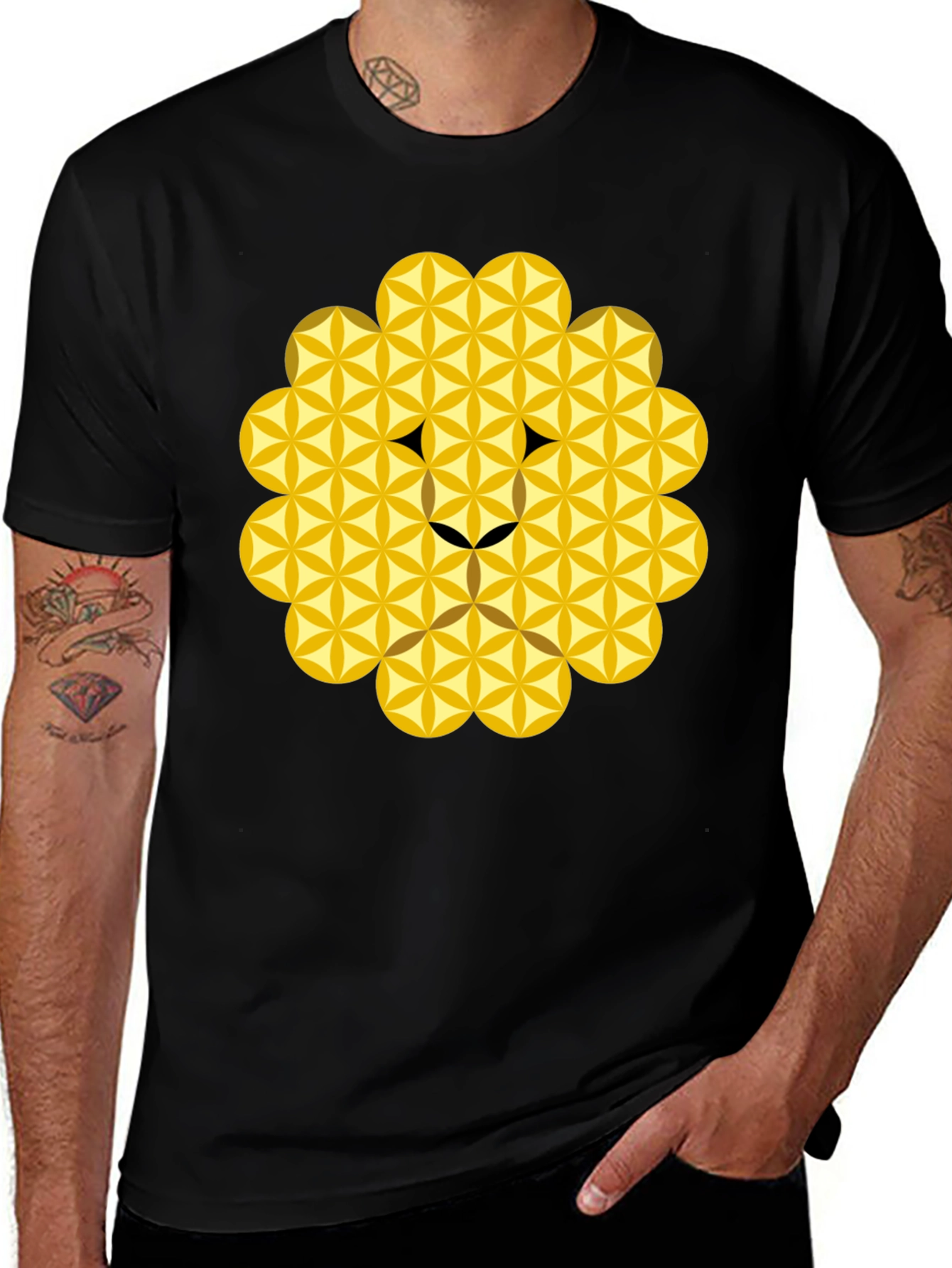 Variant 23 of Geometric Flower of Life Lion Head Black T-Shirt
