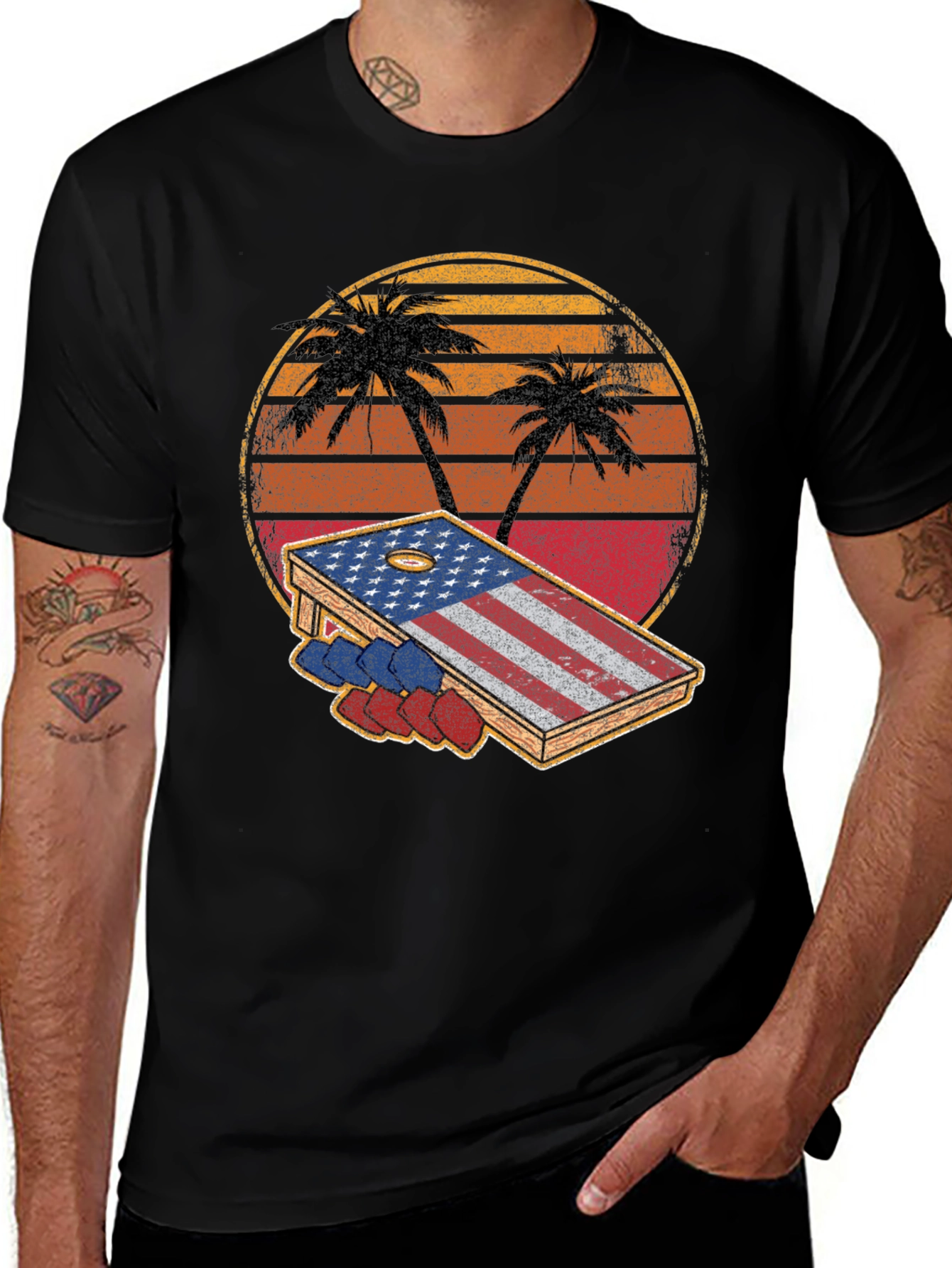 Variant 12 of Retro Cornhole T-Shirt - Palm Trees and American Flag Design