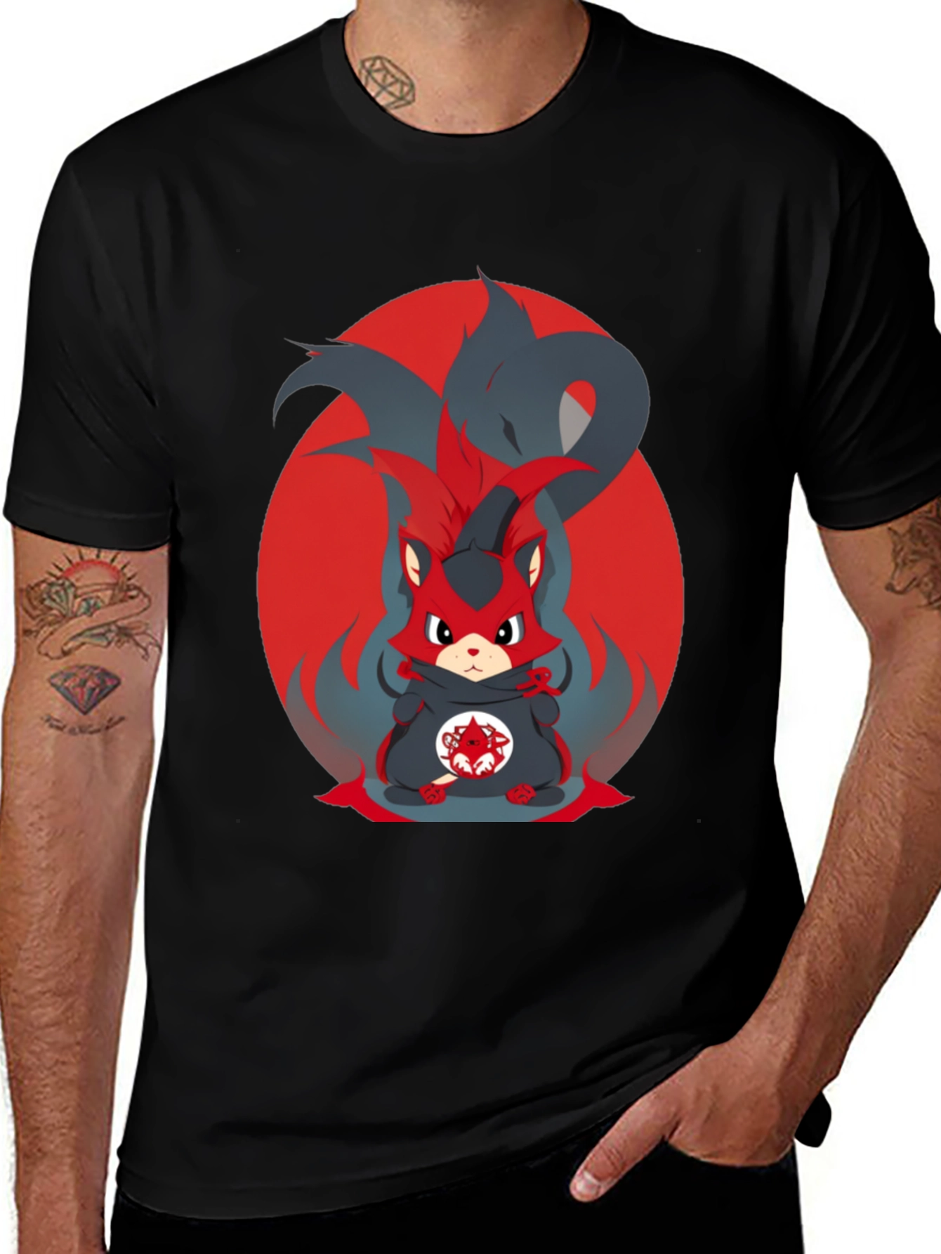 Black Anime Red Fox Graphic Tee - Men's Black T-Shirt main image