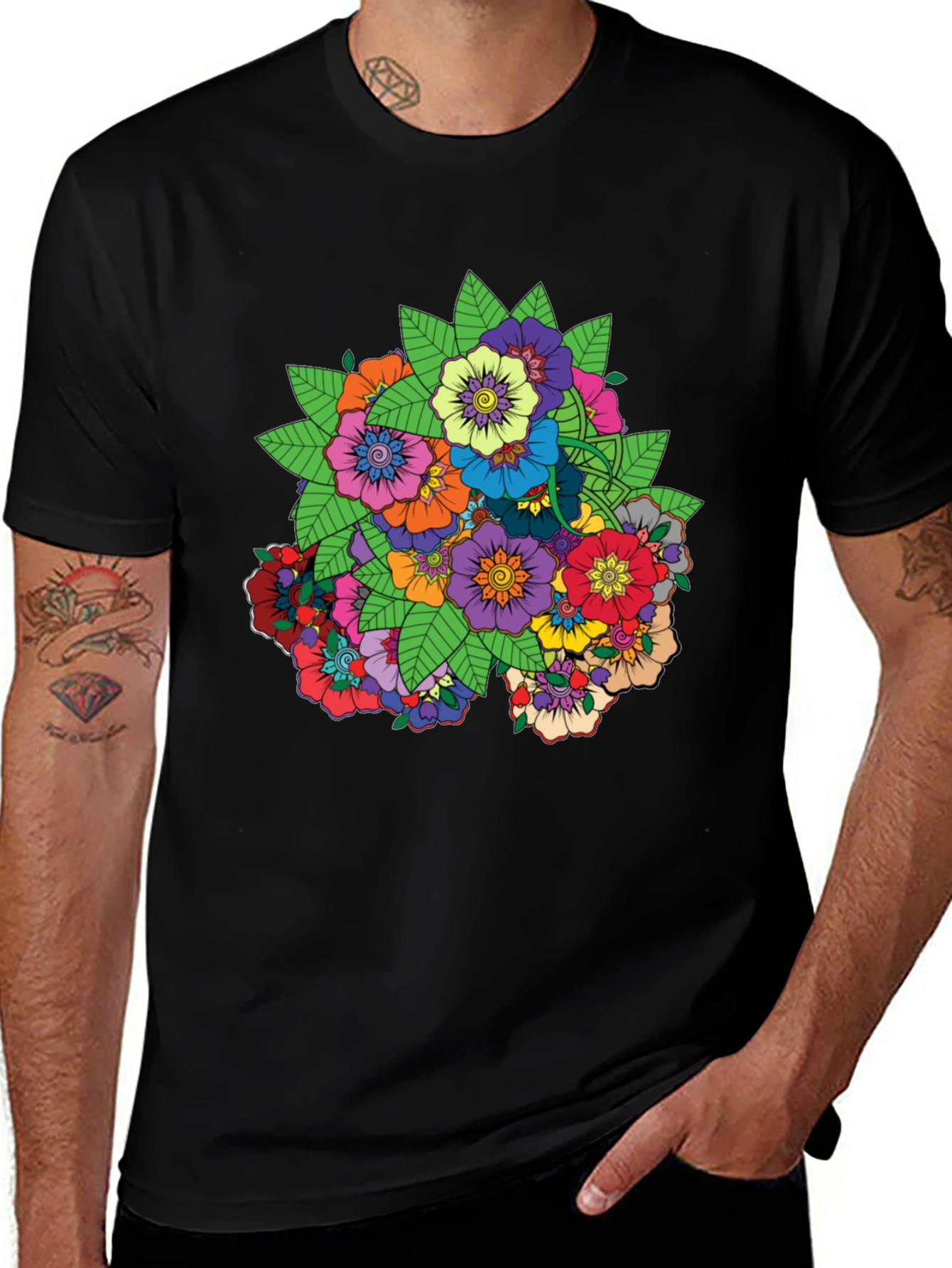 Variant 26 of Floral Mandala Graphic Black T-Shirt