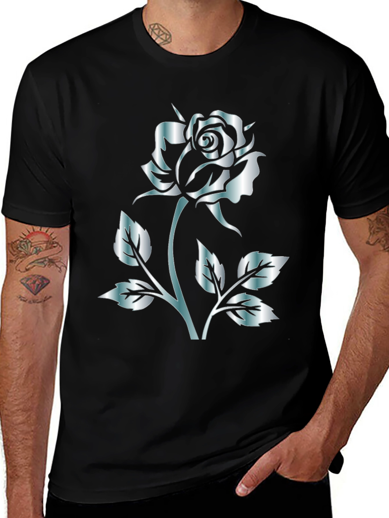 Variant 17 of Black Rose Graphic Tee - Stylish Silver Flower Design