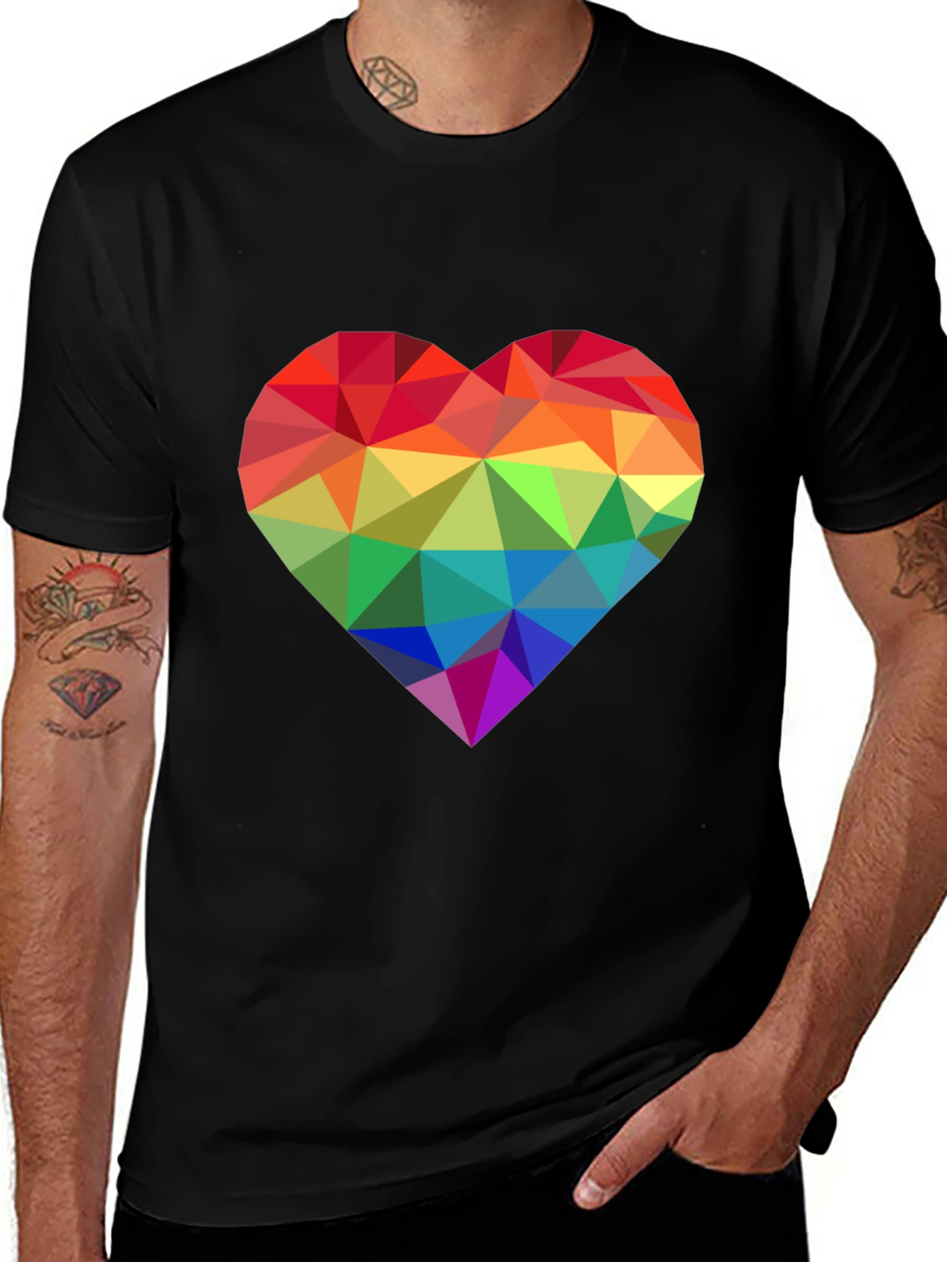 Black Geometric Rainbow Heart Graphic Tee - Pride Love main image