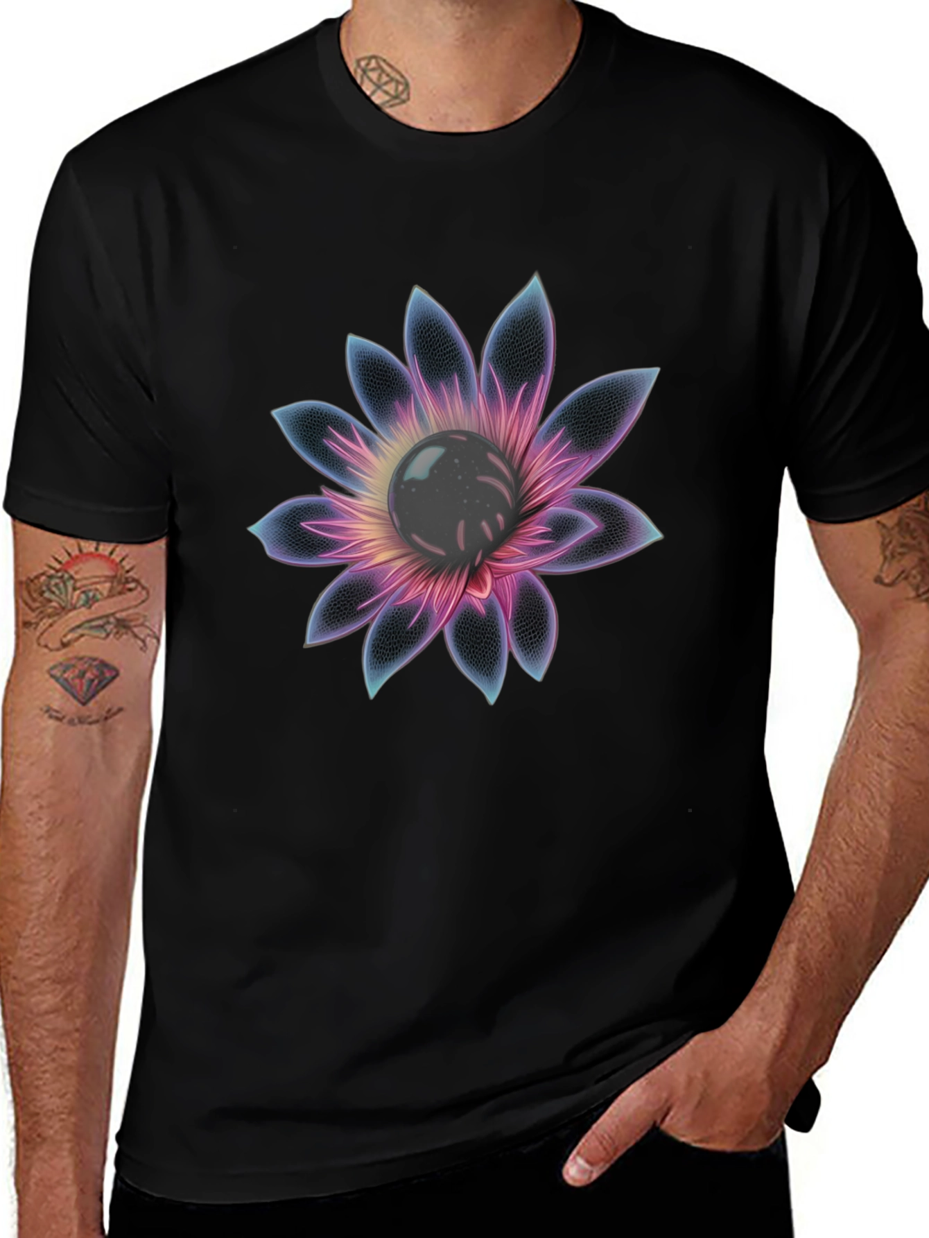 Black T-Shirt with Glowing Flower Design