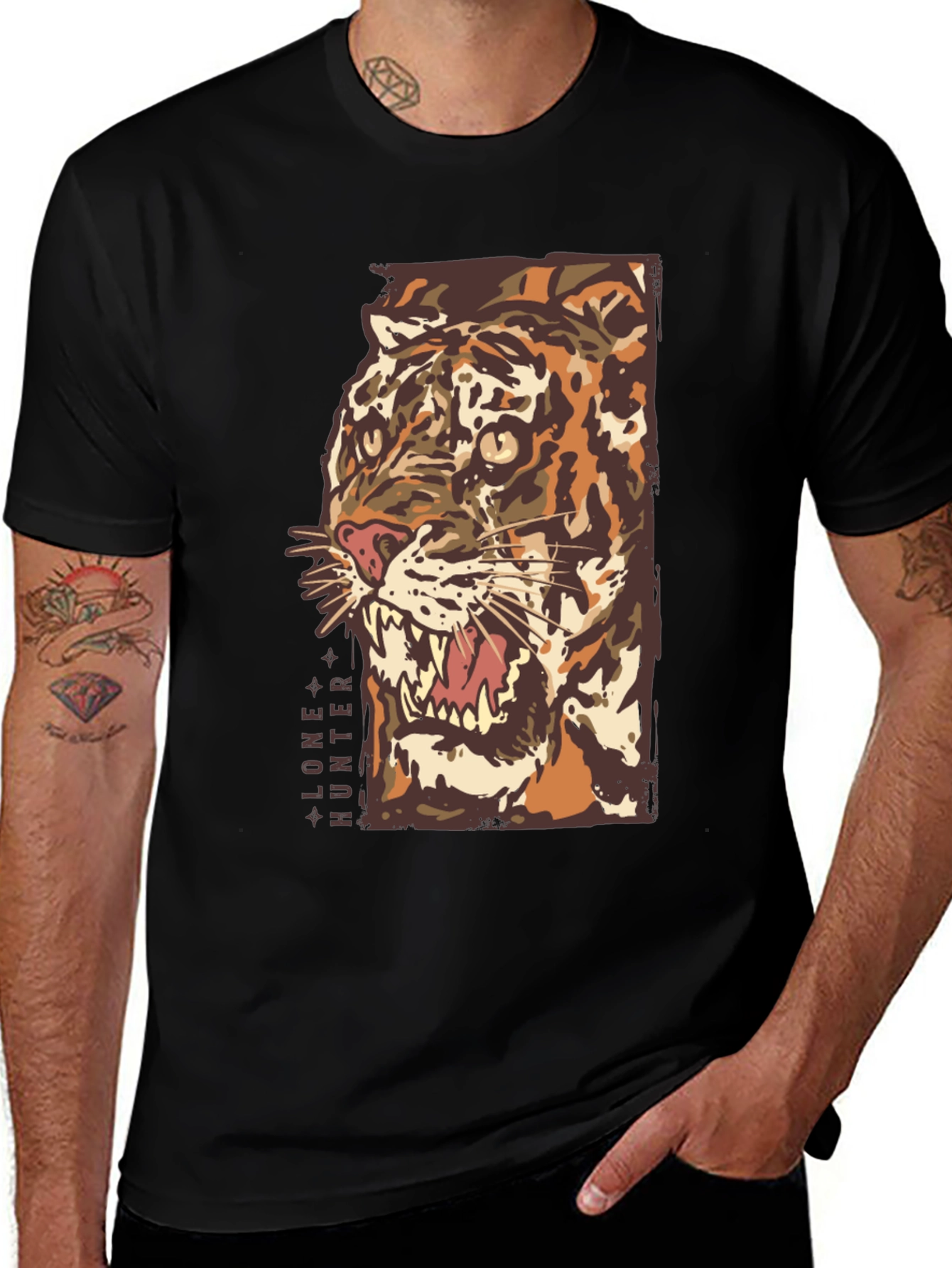Variant 14 of Lone Hunter Tiger Graphic Black T-Shirt