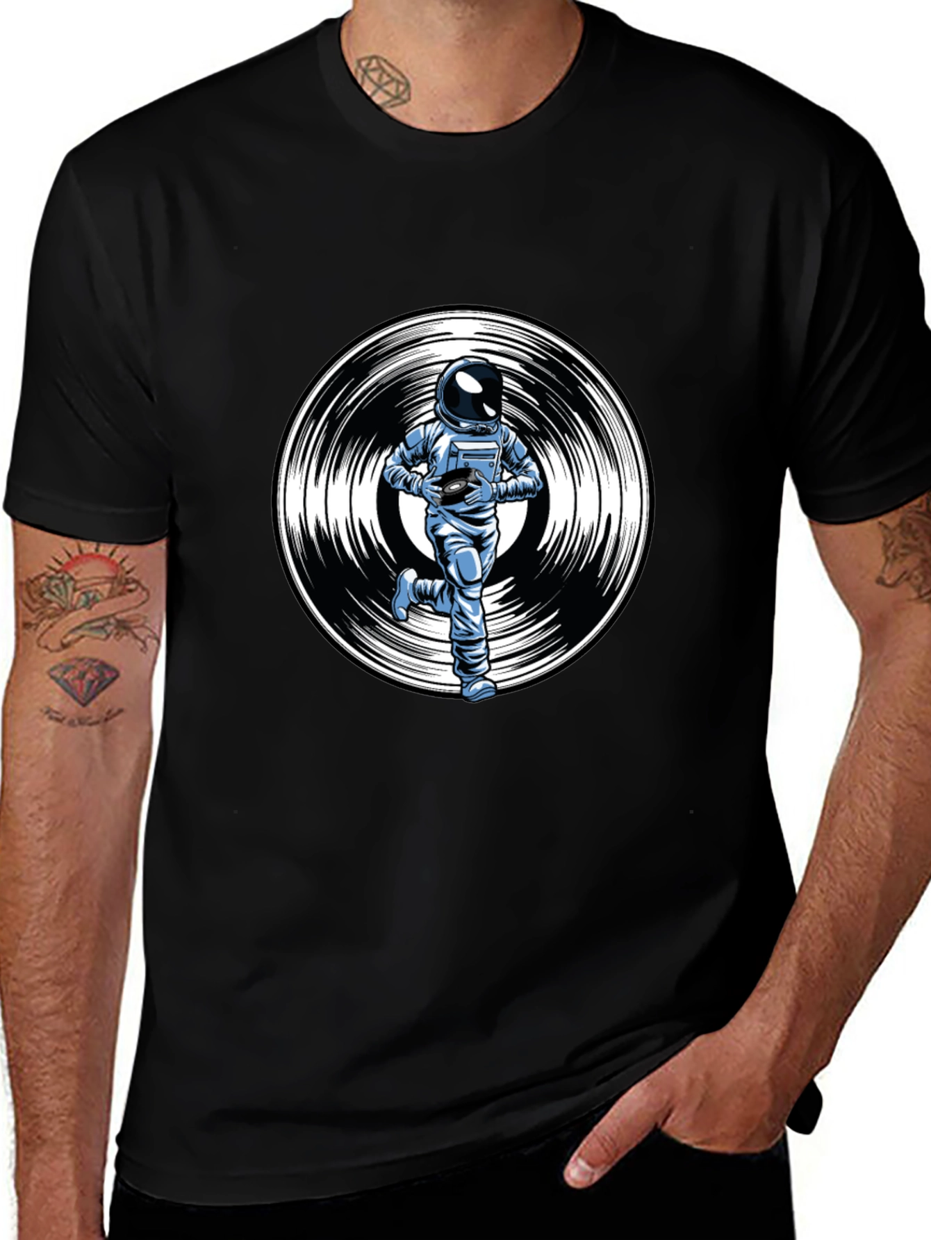 Variant 21 of Astronaut Record Graphic Tee - Black Cotton T-Shirt