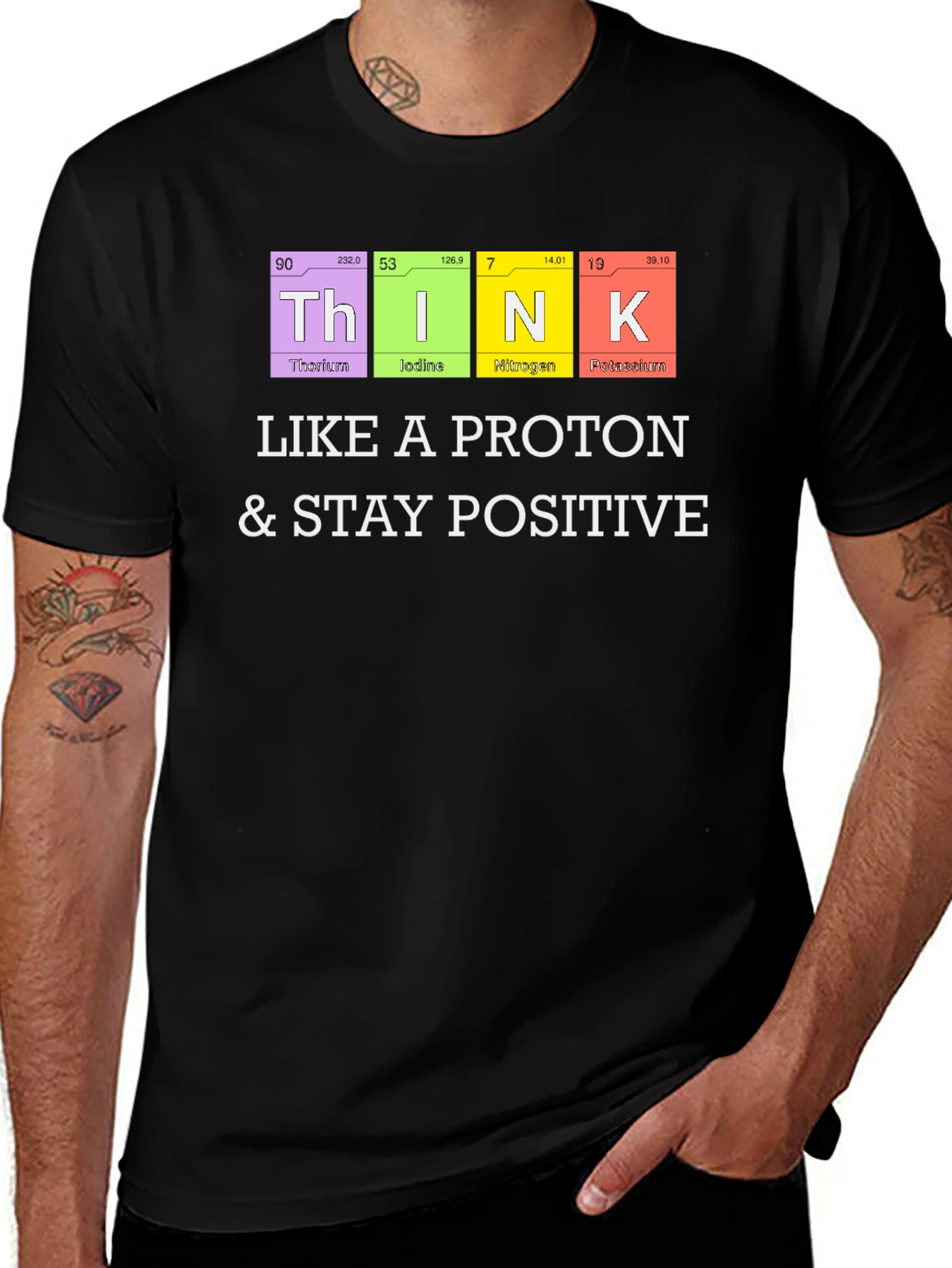 Variant 4 of Think Like A Proton Black T-Shirt - Stay Positive
