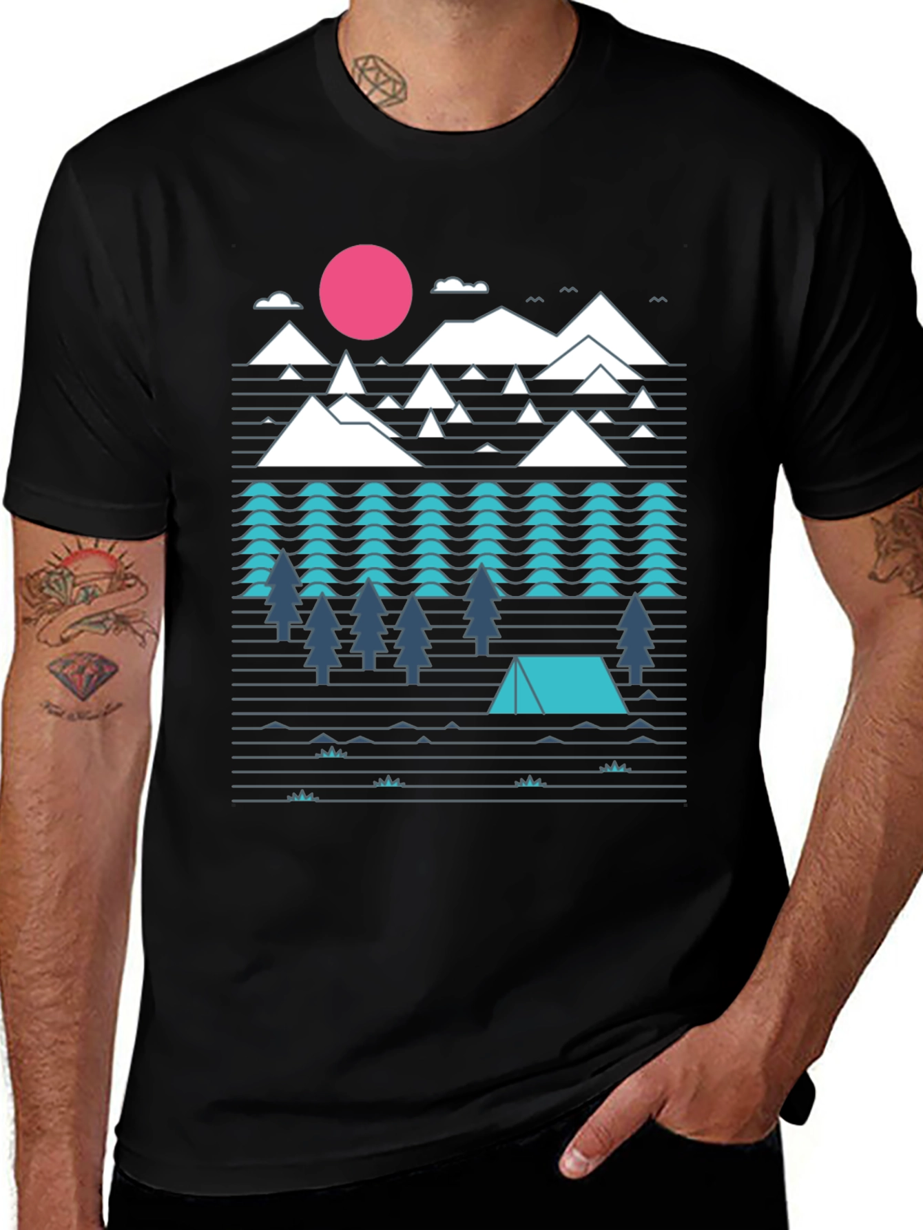 Variant 21 of Geometric Mountain Camping Black Graphic Tee