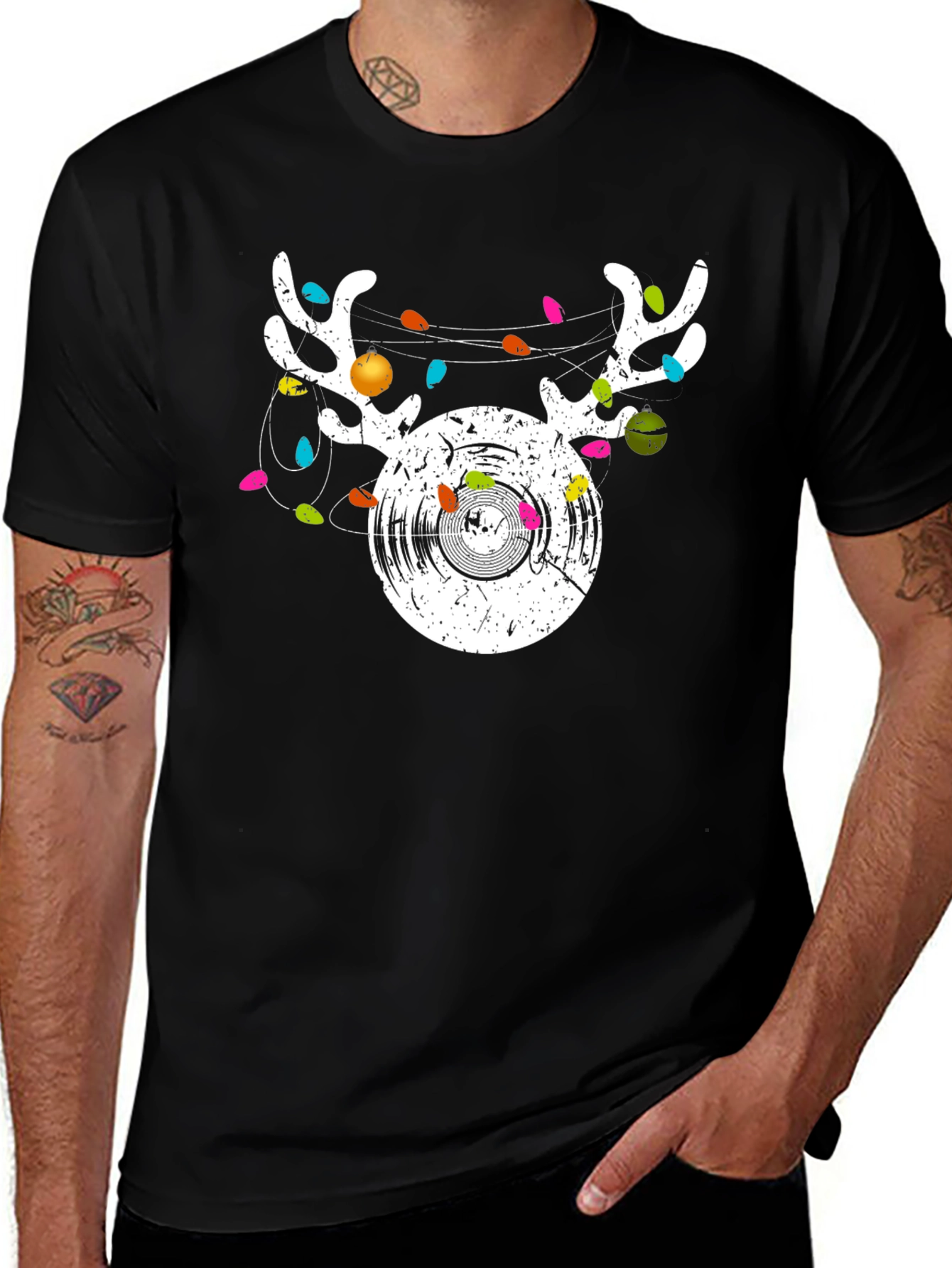 Reindeer Vinyl Record Christmas Graphic T-Shirt