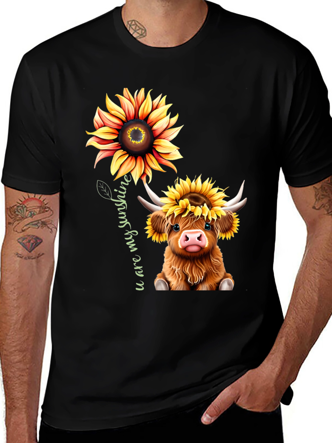 Sunflower Cow Graphic Tee - "You Are My Sunshine" Black T-Shirt