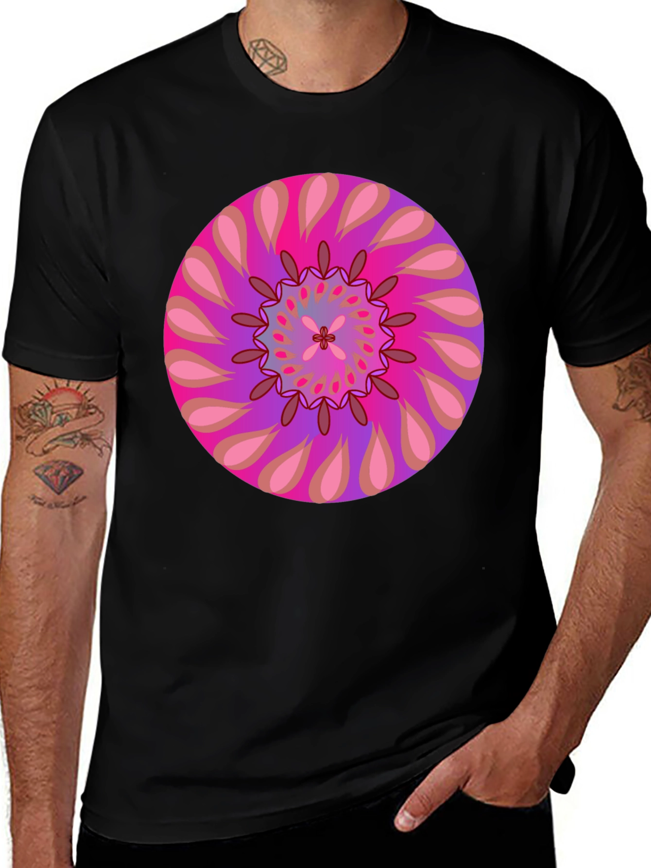 Variant 9 of Psychedelic Mandala Graphic Tee - Black Cotton T-Shirt