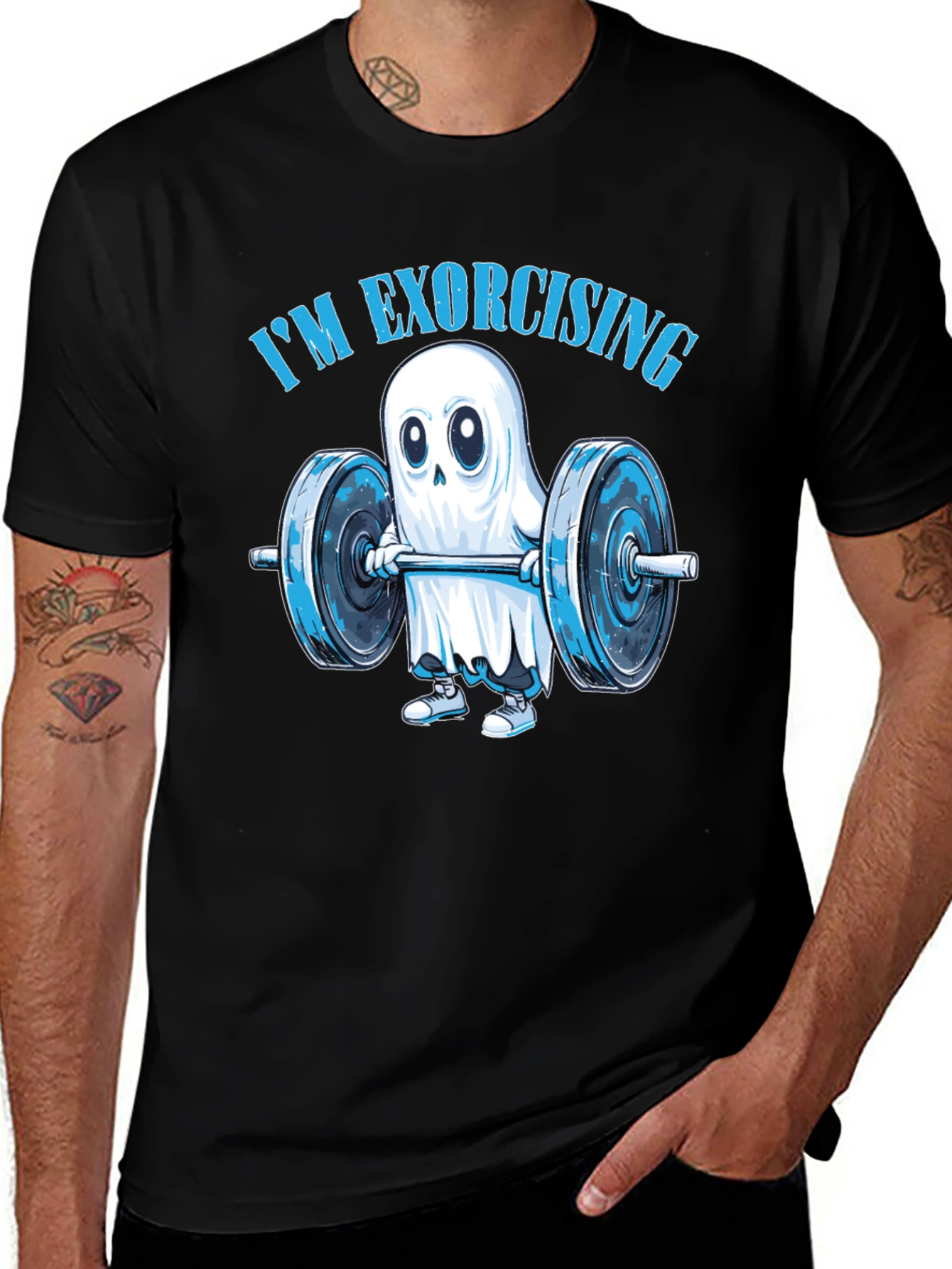 Variant 22 of Funny Ghost Weightlifting T-Shirt: "I'm Exorcising!"