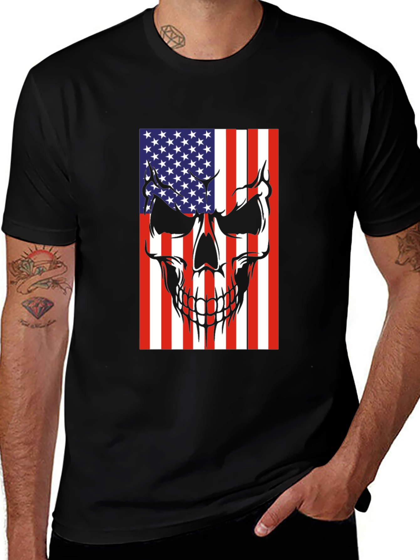 American Flag Skull Graphic Tee - Black Cotton T-Shirt