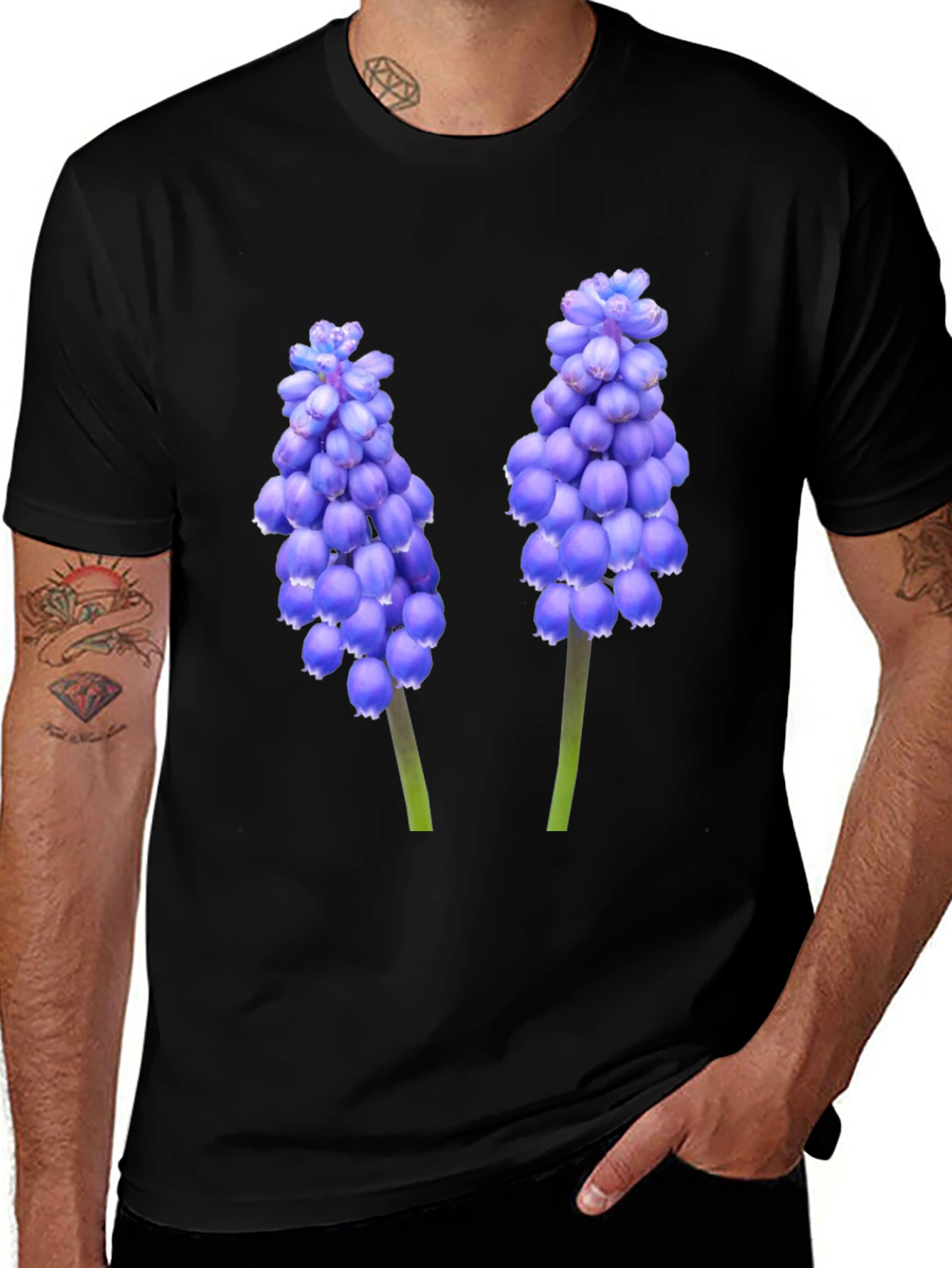 Variant 9 of Black T-Shirt with Grape Hyacinth Floral Design
