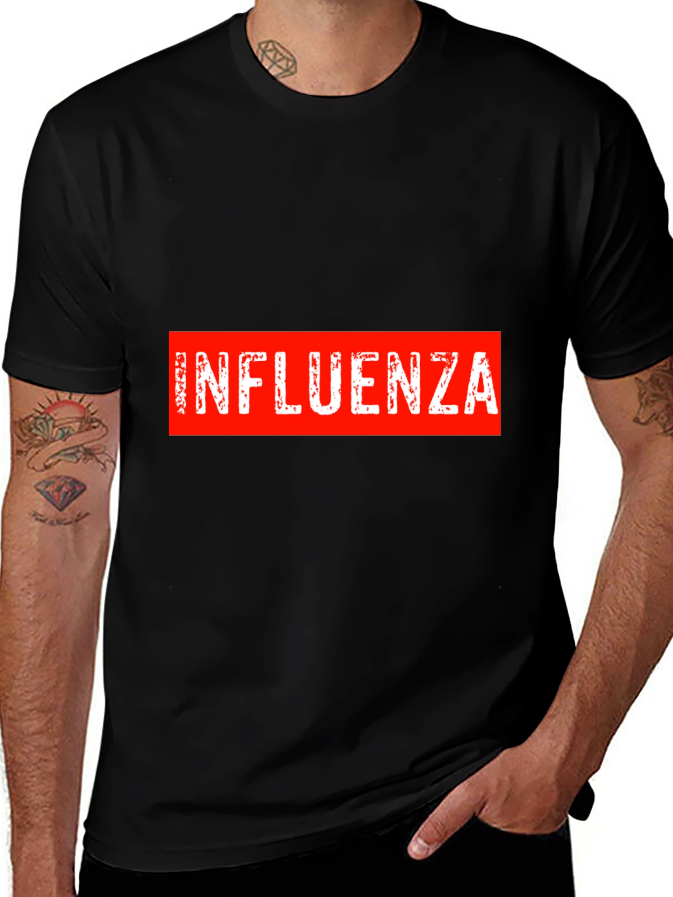 Variant 12 of Influenza Graphic Tee - Bold Red Box Design, Black Cotton