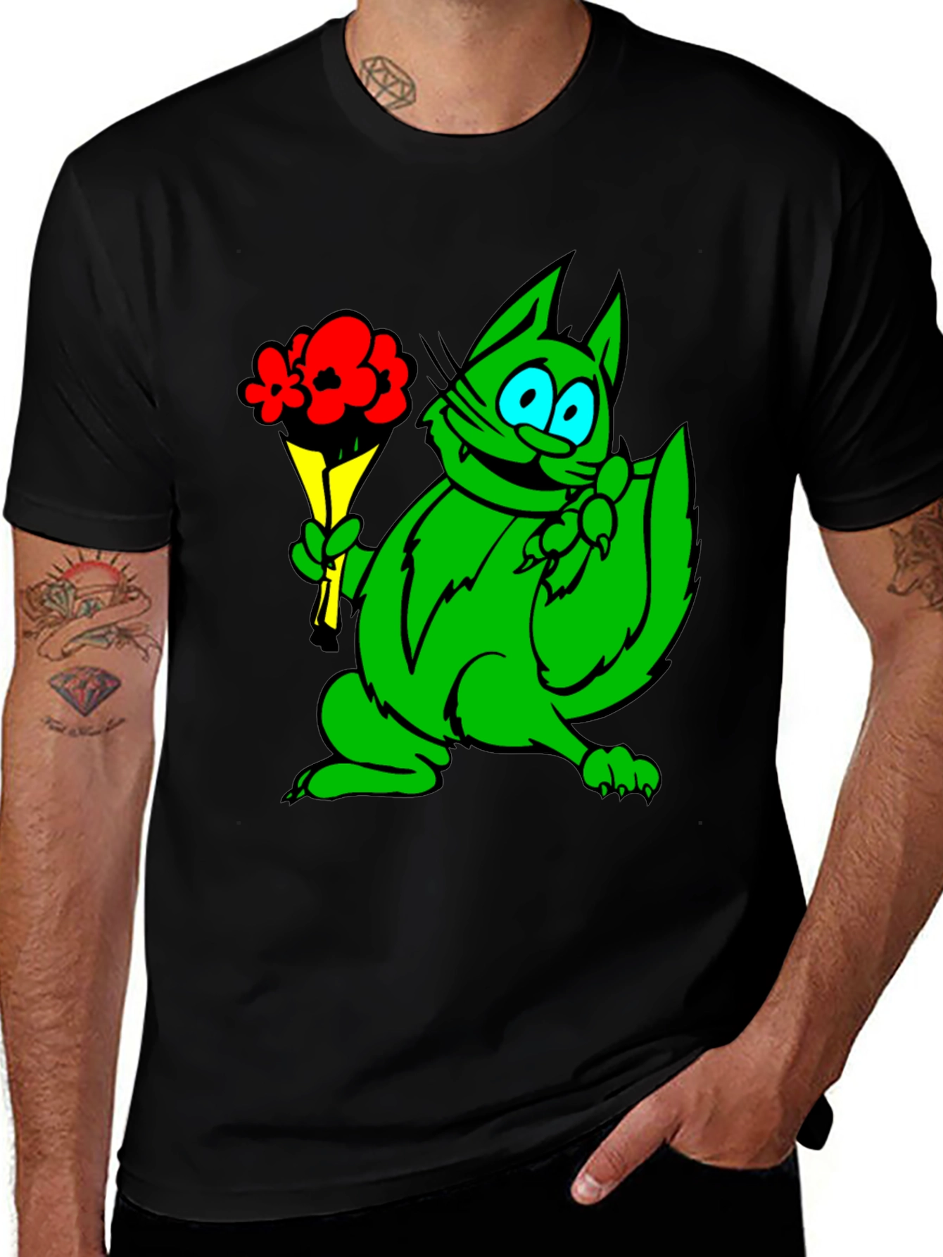 Variant 3 of Green Cat Bouquet Black T-Shirt