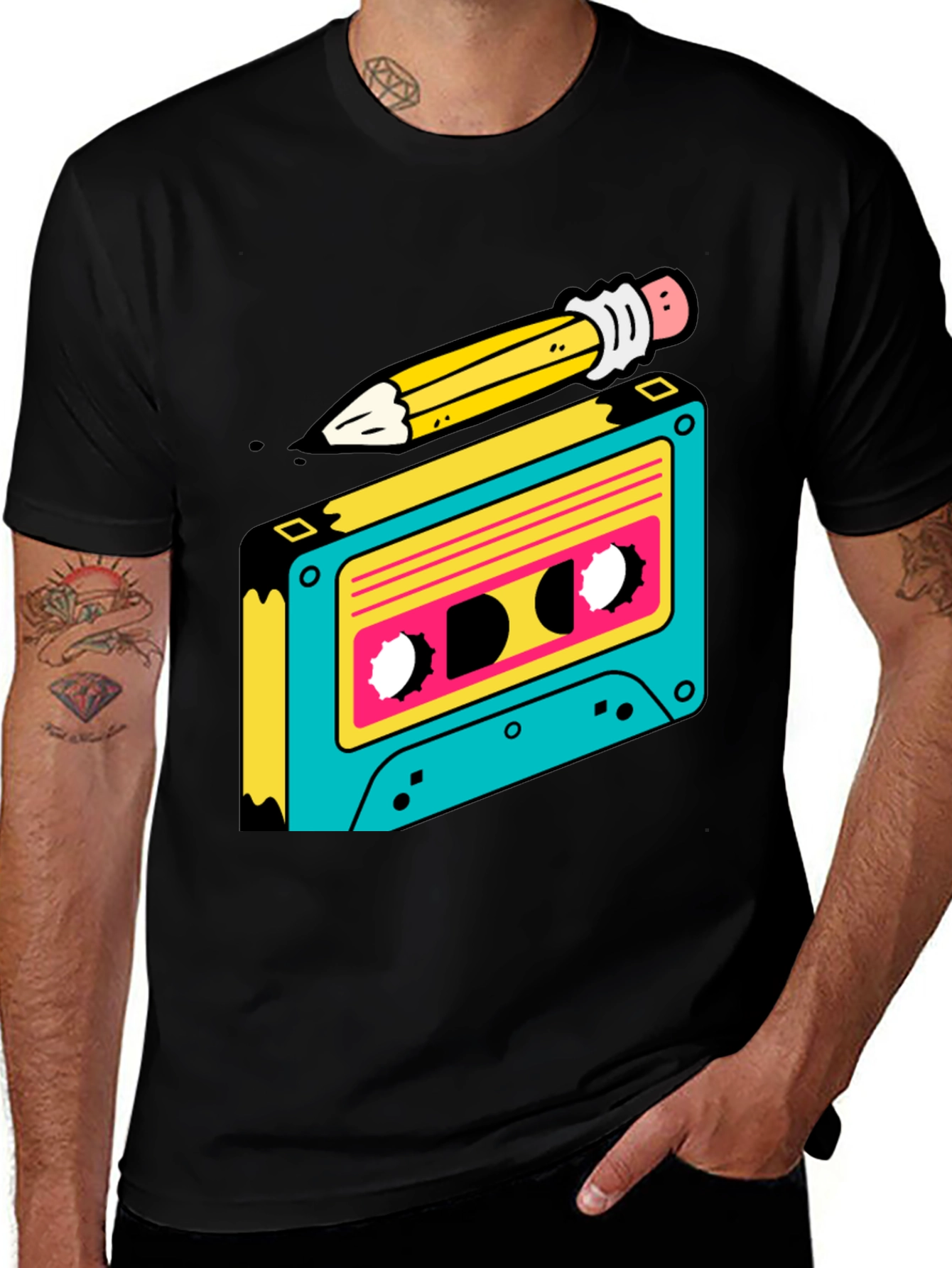 Variant 25 of Retro Cassette Tape & Pencil Graphic Tee - Black