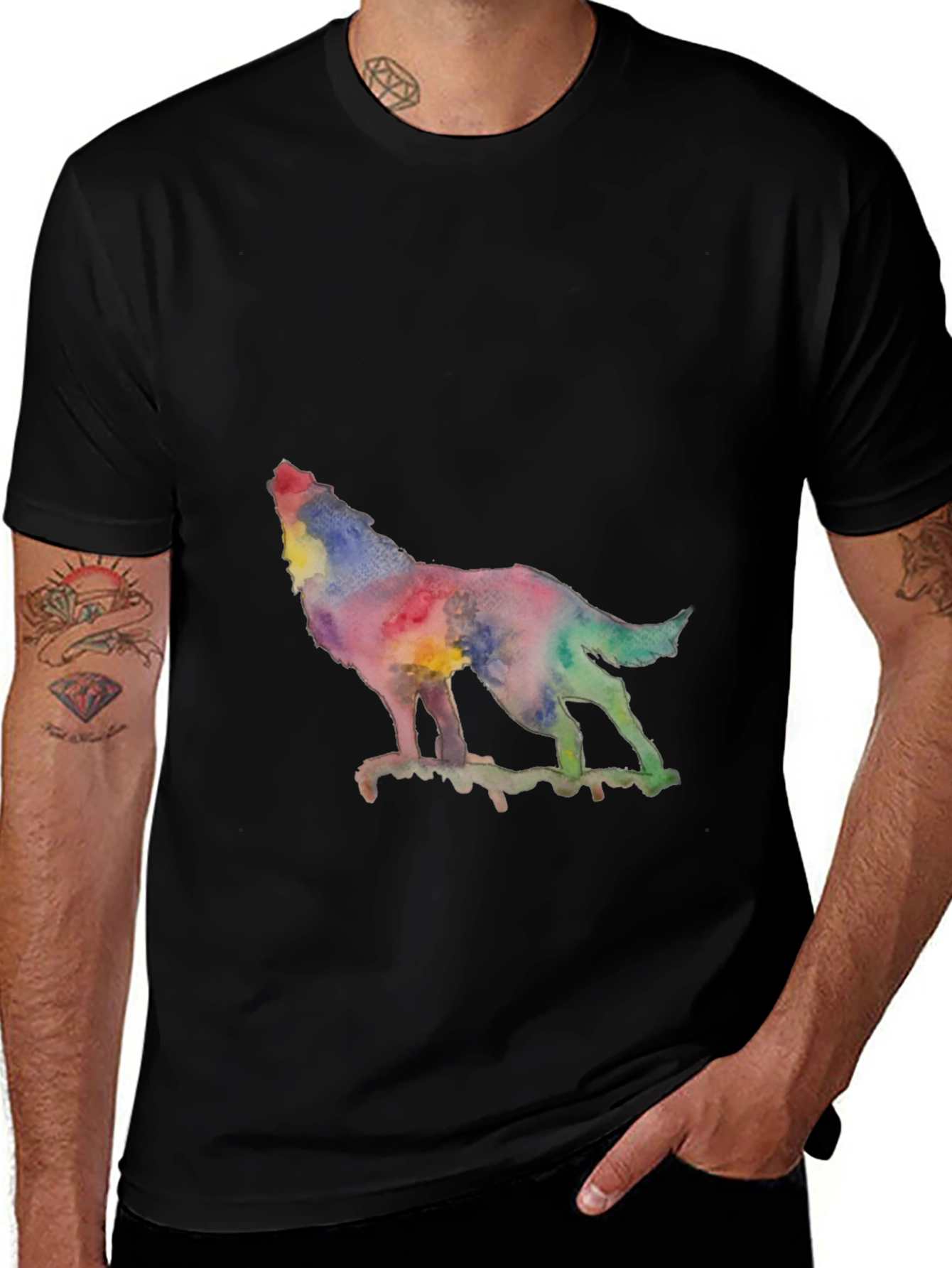 Variant 7 of Watercolor Wolf Graphic Black T-Shirt