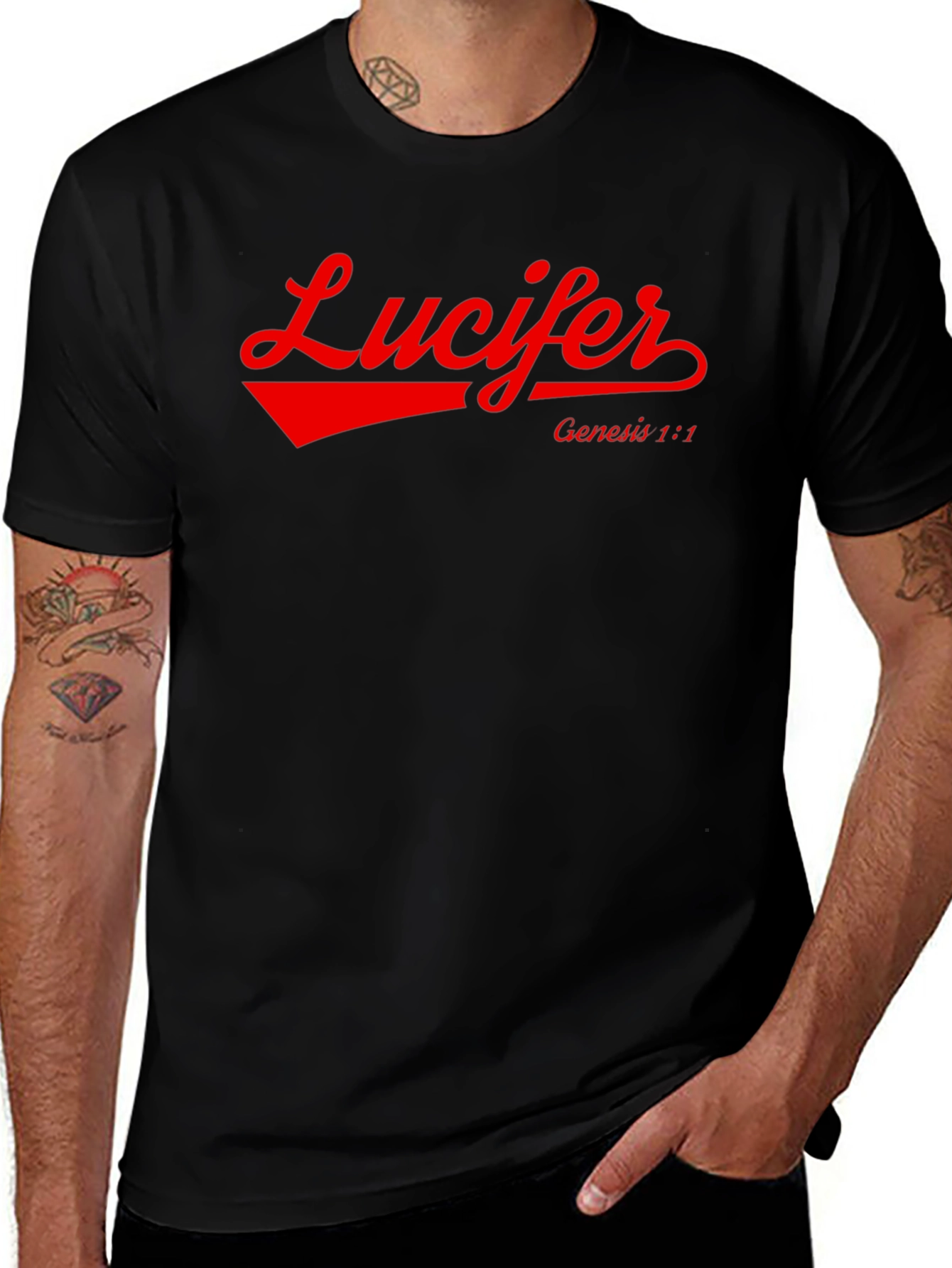 Lucifer Genesis 1:1 Graphic T-Shirt - Black