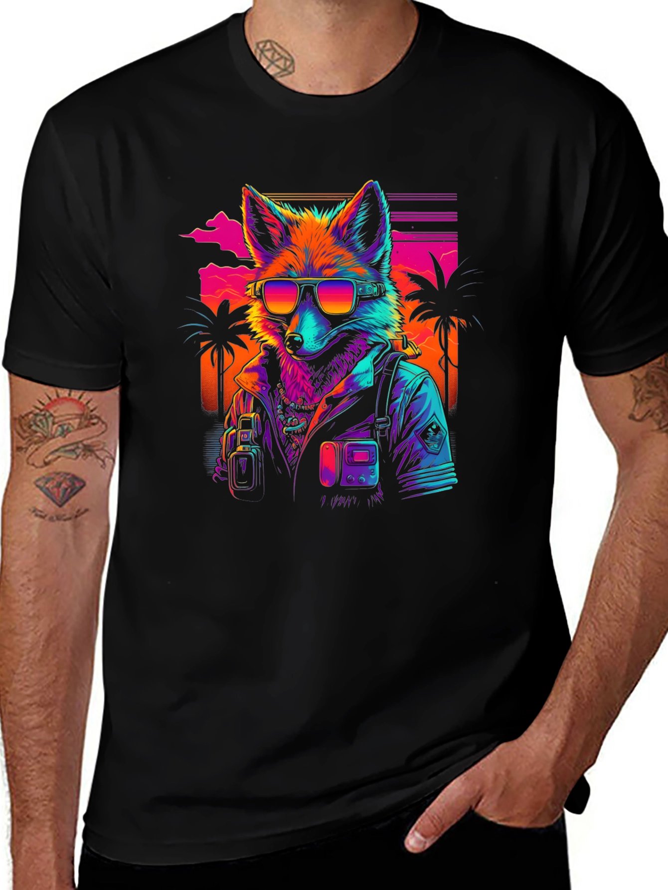 Black Retro Fox T-Shirt - Synthwave Style main image