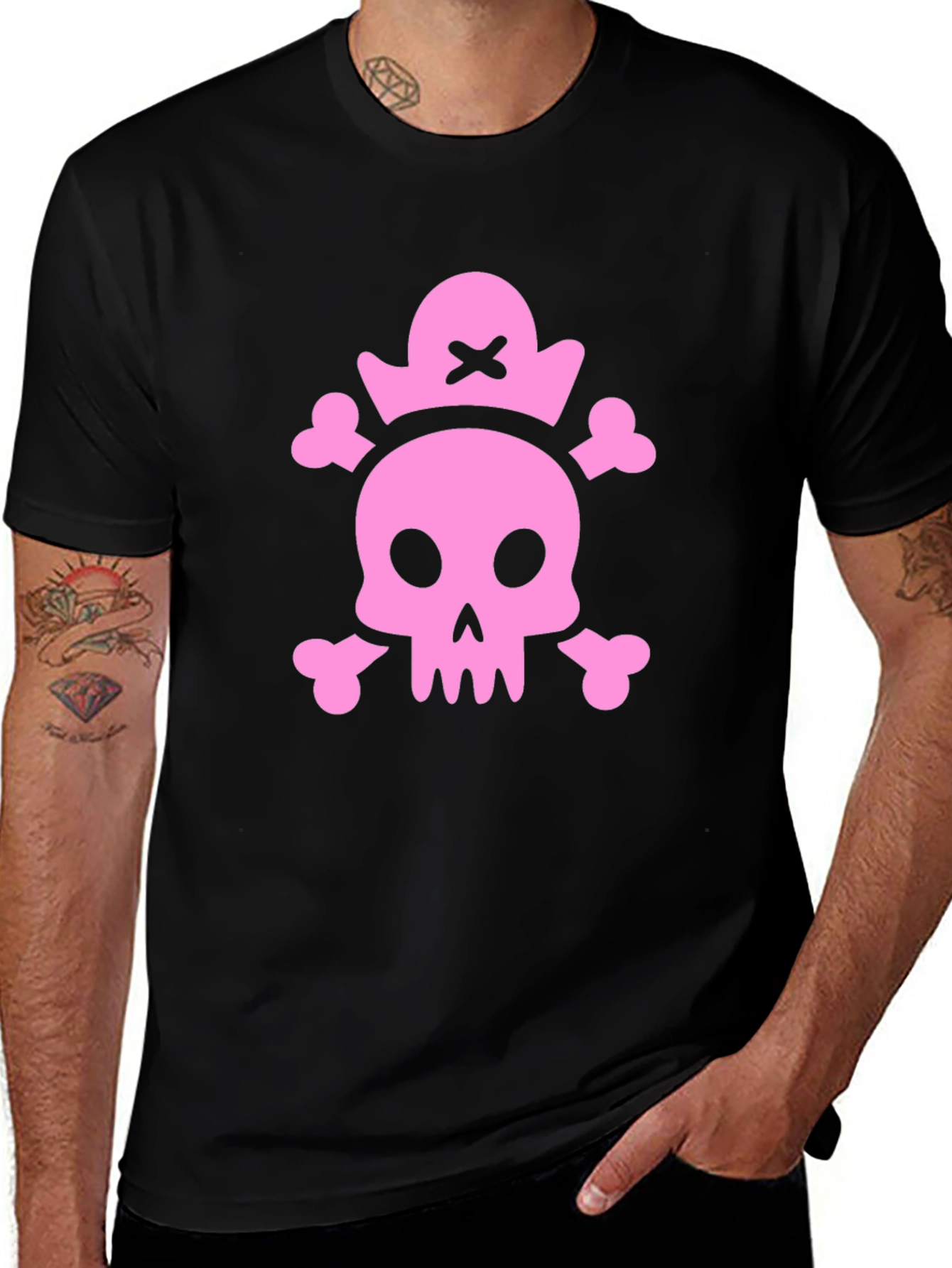 Variant 28 of Pink Skull & Crossbones Graphic Black T-Shirt