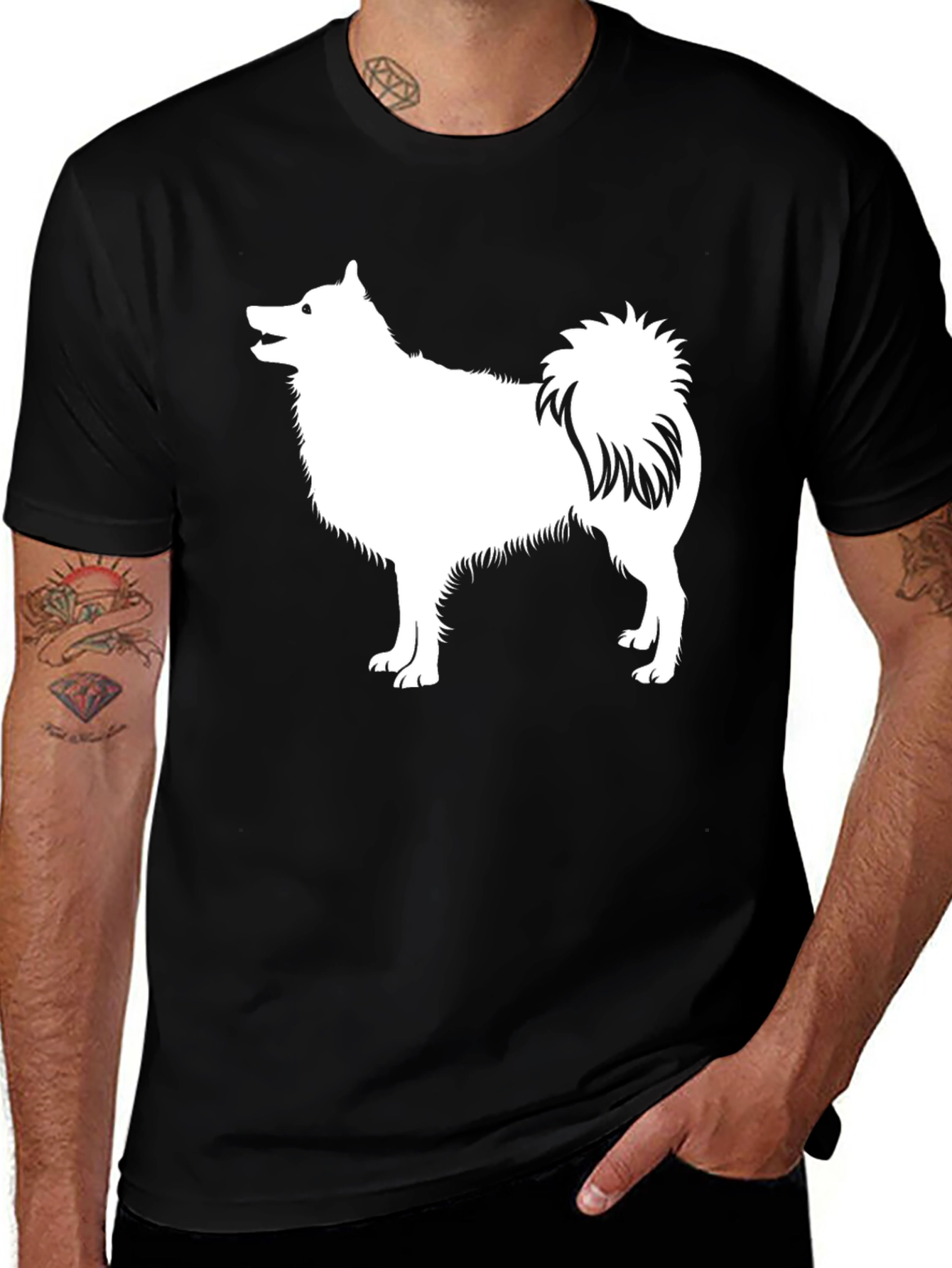 Variant 4 of Dog Lover T-Shirt - Black with White Spitz Design