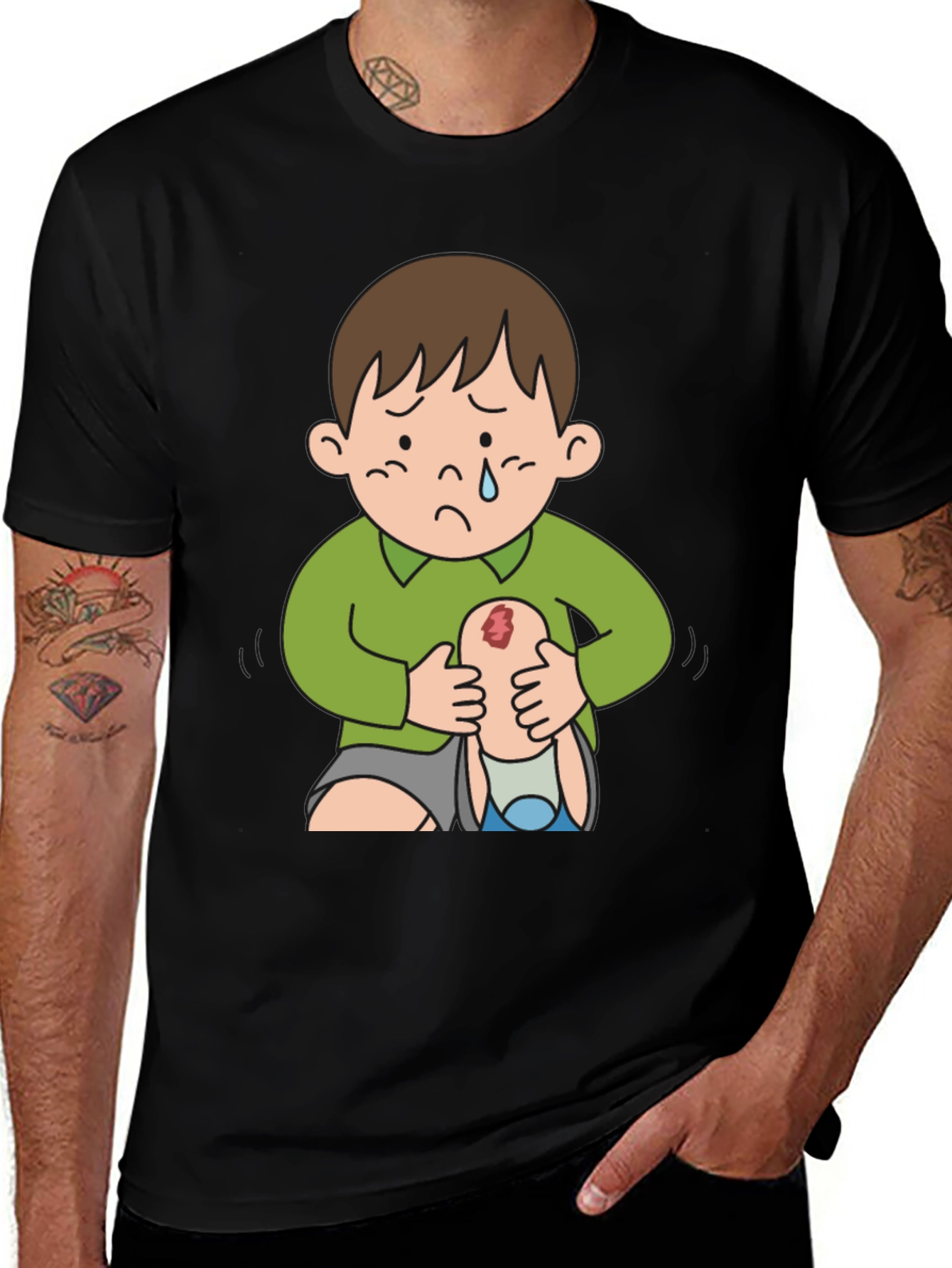 Variant 5 of Sad Boy Cartoon Graphic Tee - Unique Design