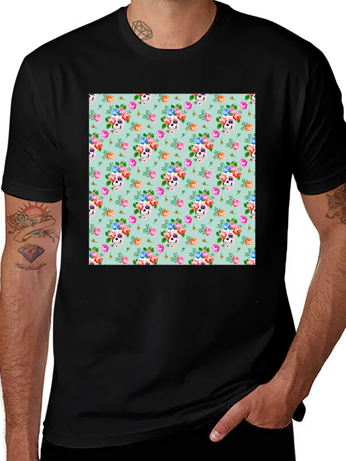 Variant 13 of Sugar Skull Floral T-Shirt - Dia de los Muertos
